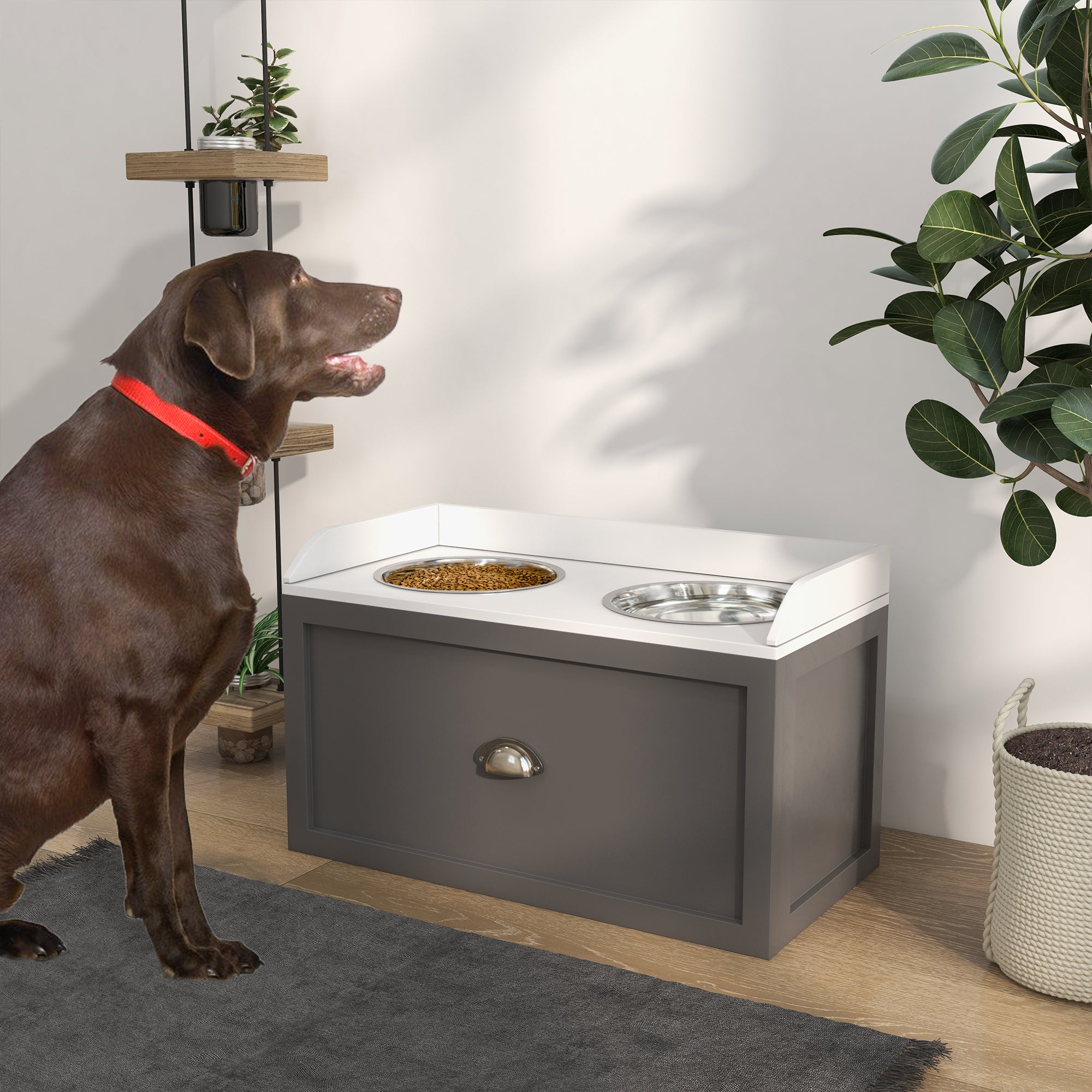 PawHut Elevated Dog Bowls for Large Dogs, Raised Pet Feeding Station with 2 Stainless Steel Bowls, Hidden Storage Drawer, Wood Stand for Cats, Grey