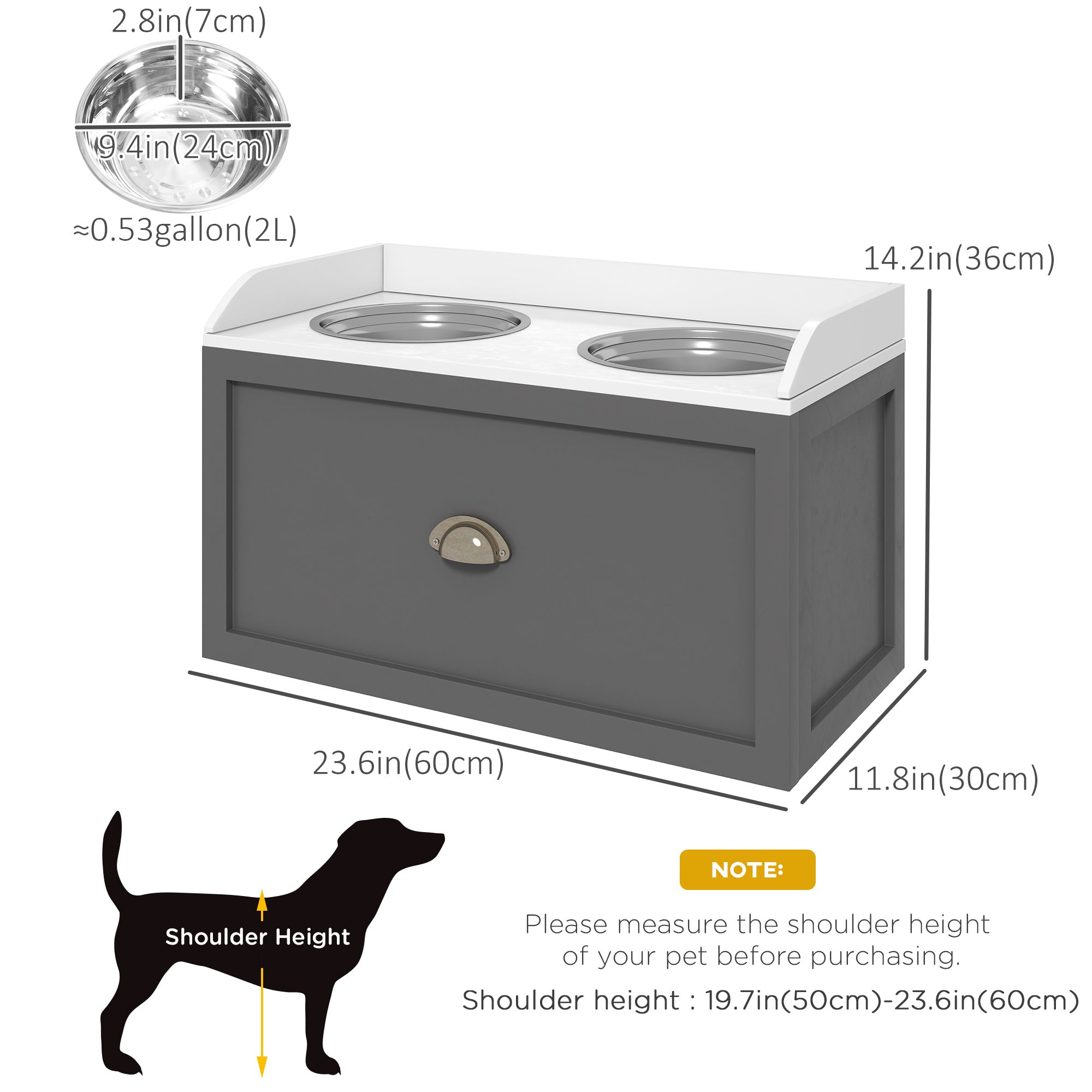 PawHut Elevated Dog Bowls for Large Dogs, Raised Pet Feeding Station with 2 Stainless Steel Bowls, Hidden Storage Drawer, Wood Stand for Cats, Grey