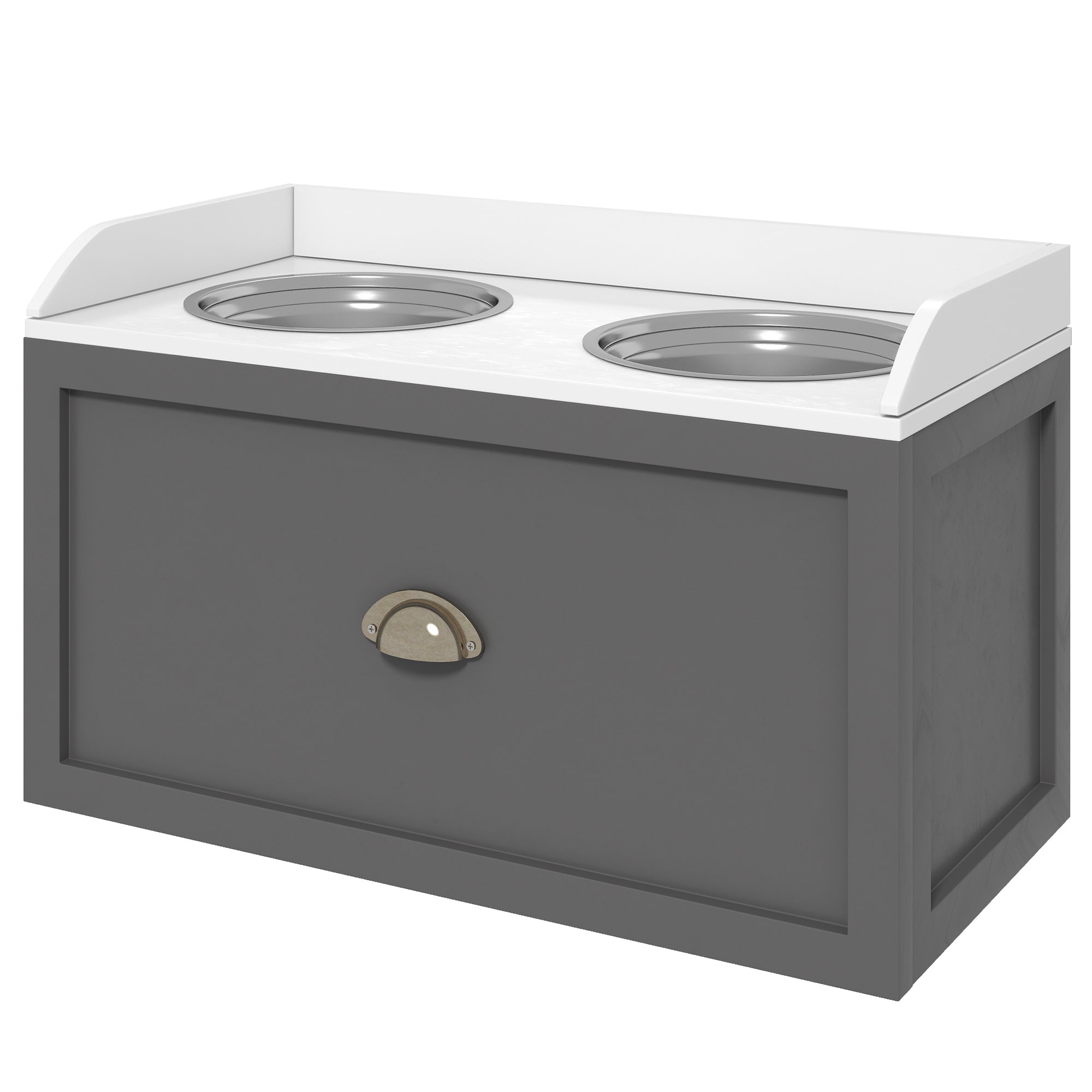 PawHut Elevated Dog Bowls for Large Dogs, Raised Pet Feeding Station with 2 Stainless Steel Bowls, Hidden Storage Drawer, Wood Stand for Cats, Grey