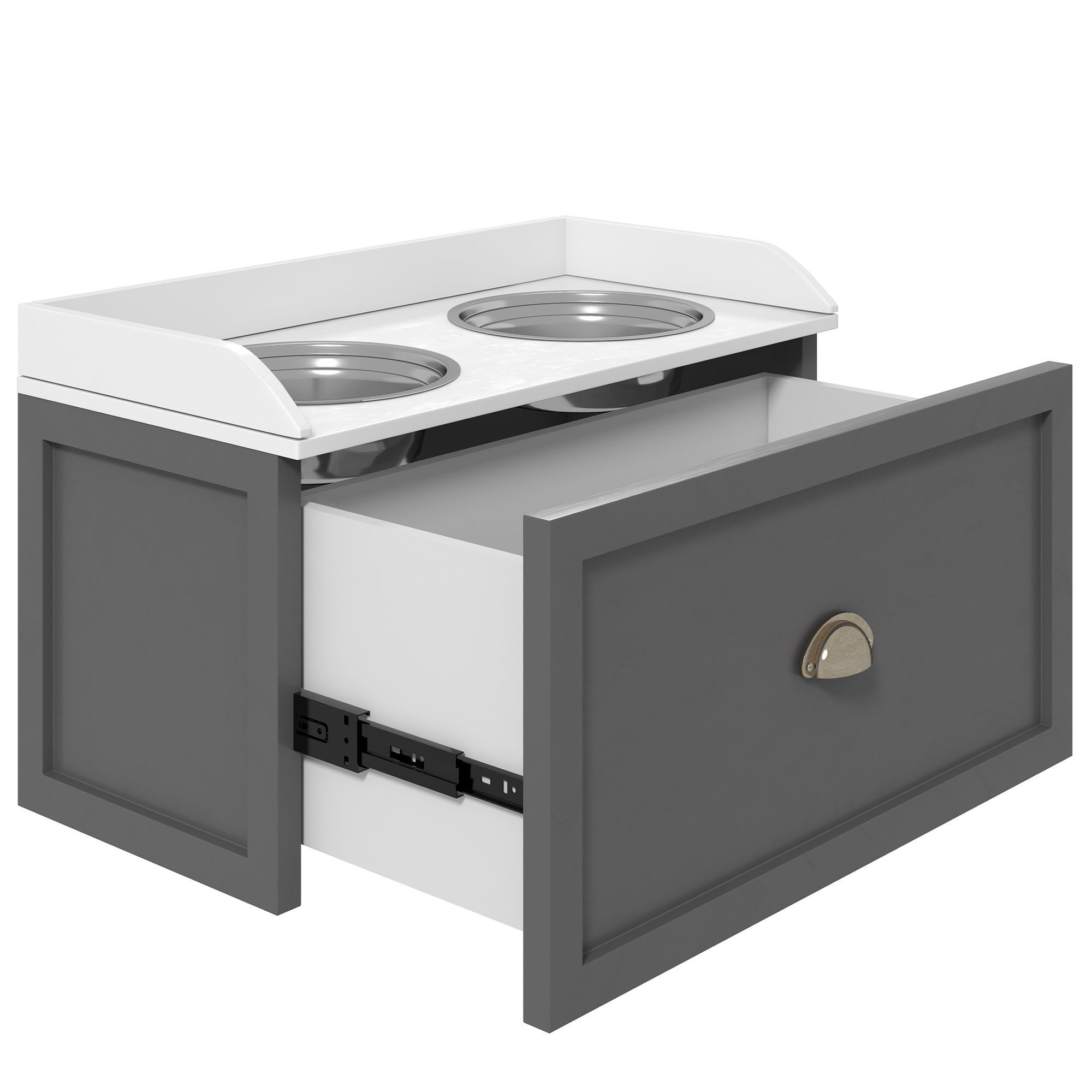 PawHut Elevated Dog Bowls for Large Dogs, Raised Pet Feeding Station with 2 Stainless Steel Bowls, Hidden Storage Drawer, Wood Stand for Cats, Grey