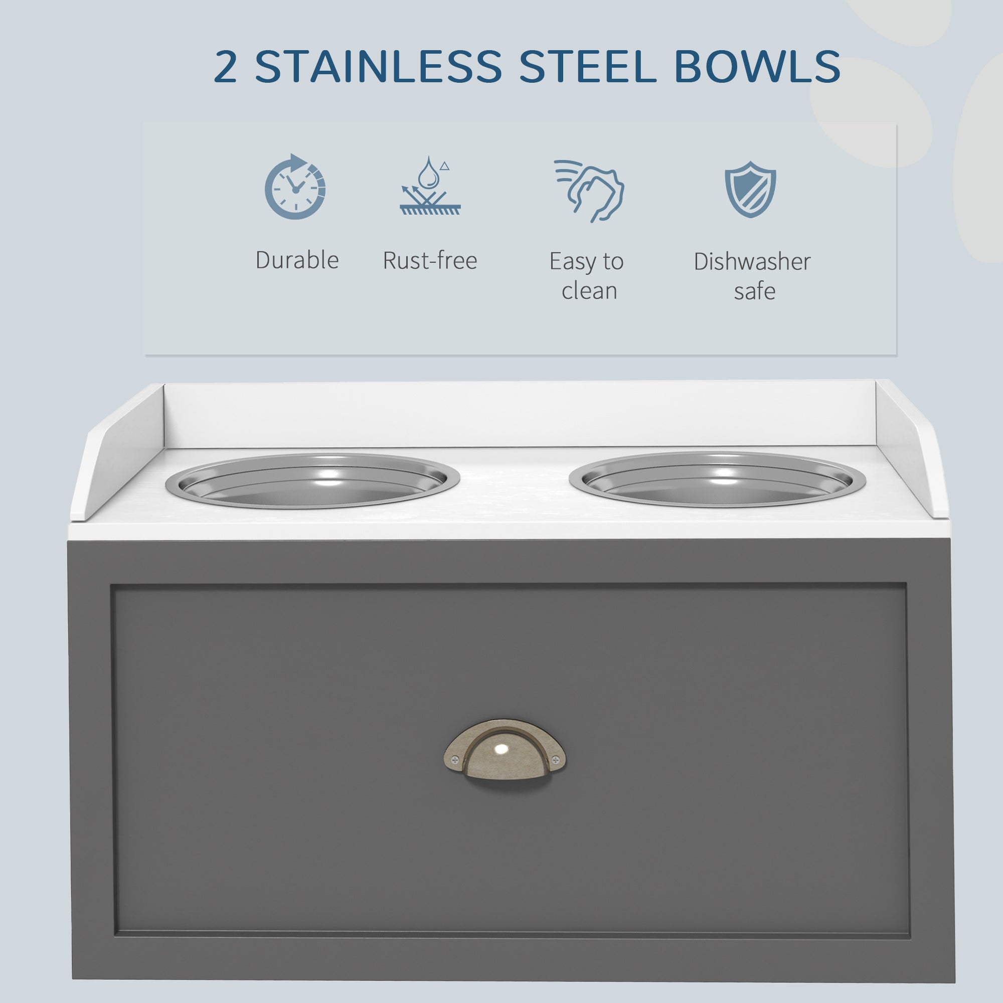 PawHut Elevated Dog Bowls for Large Dogs, Raised Pet Feeding Station with 2 Stainless Steel Bowls, Hidden Storage Drawer, Wood Stand for Cats, Grey