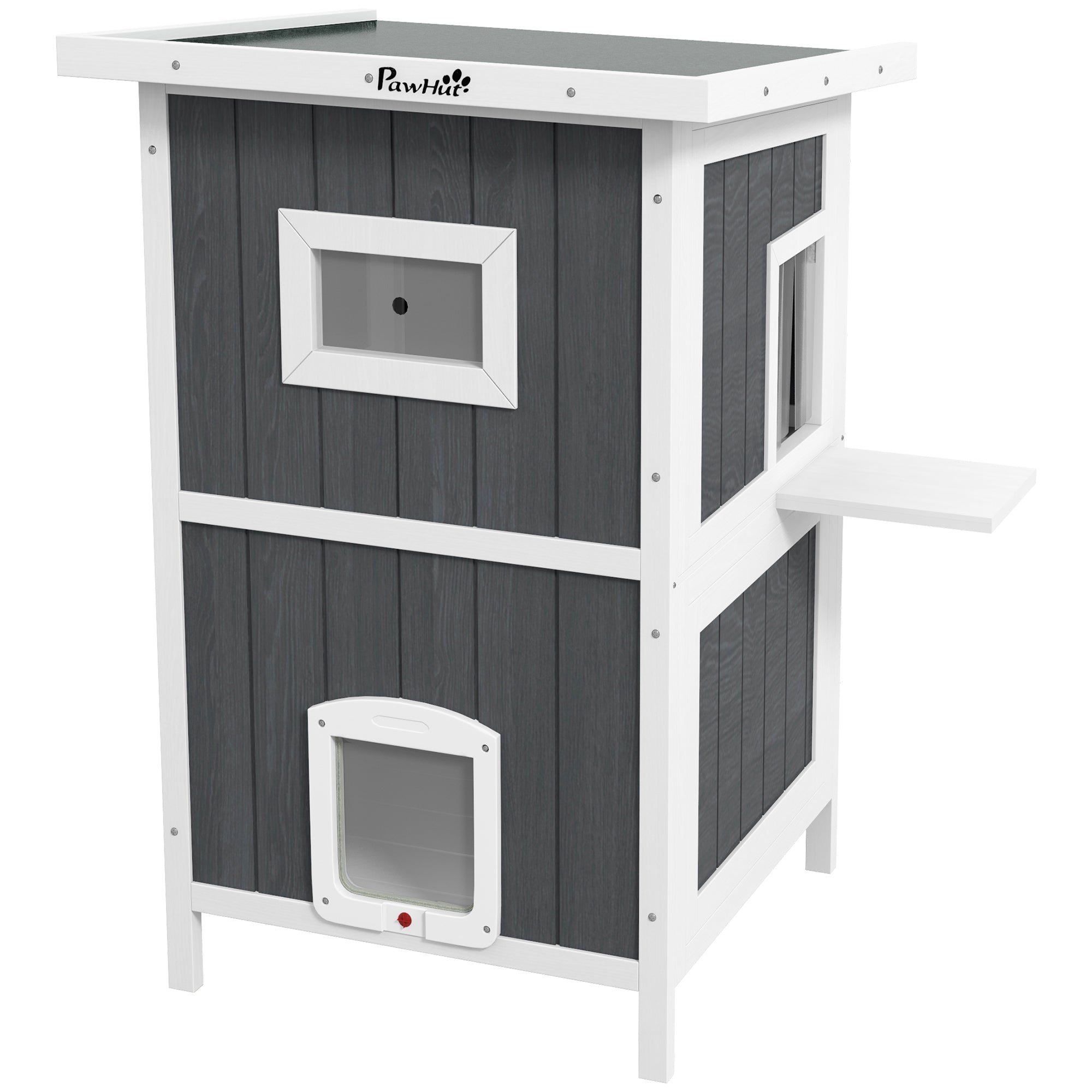 PawHut Outdoor Cat House, 2 Tiers Feral Cat Shelter Wooden with Weatherproof Roof, Removable Floor, Escape Doors, for 1-2 Cats, Gray
