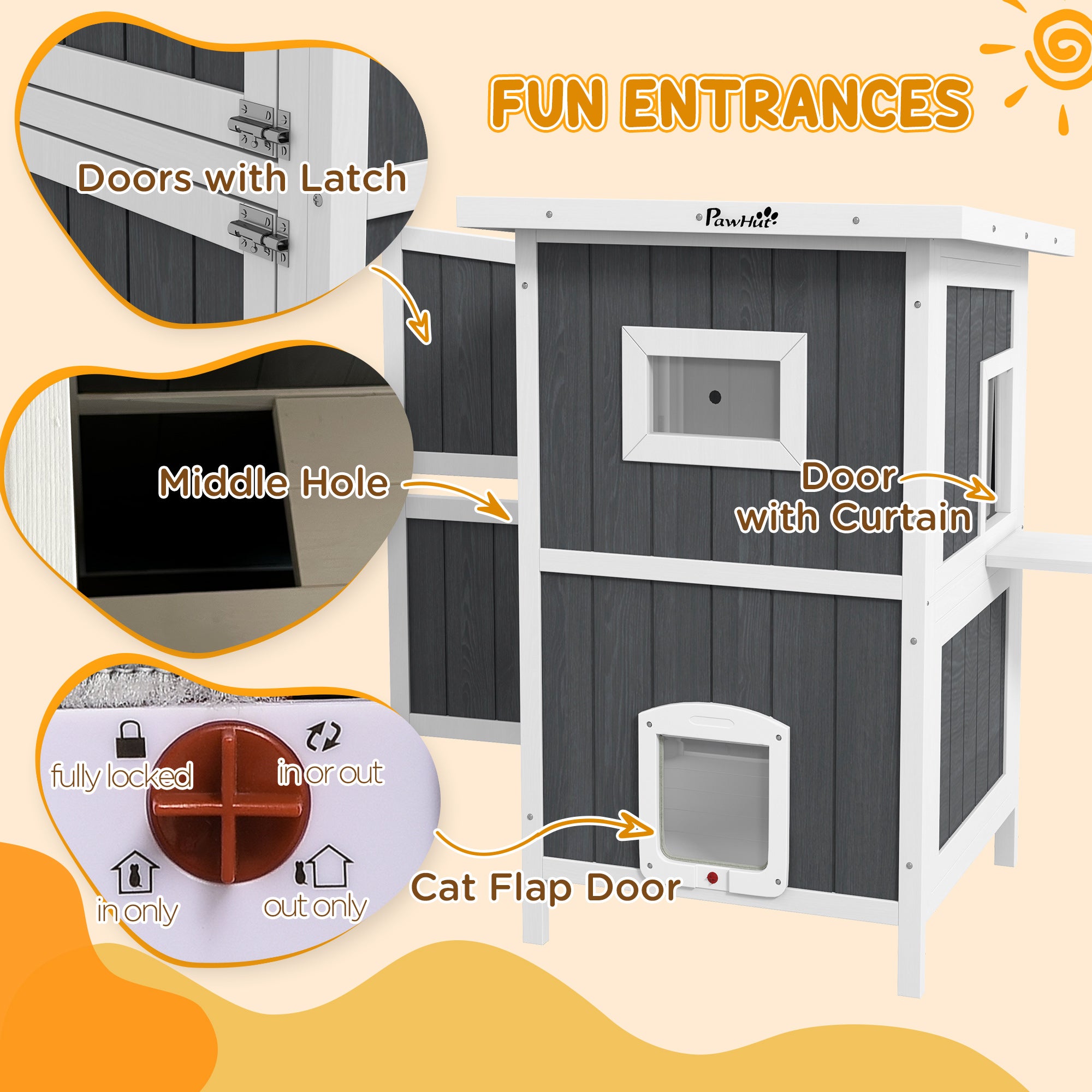 PawHut Outdoor Cat House, 2 Tiers Feral Cat Shelter Wooden with Weatherproof Roof, Removable Floor, Escape Doors, for 1-2 Cats, Gray