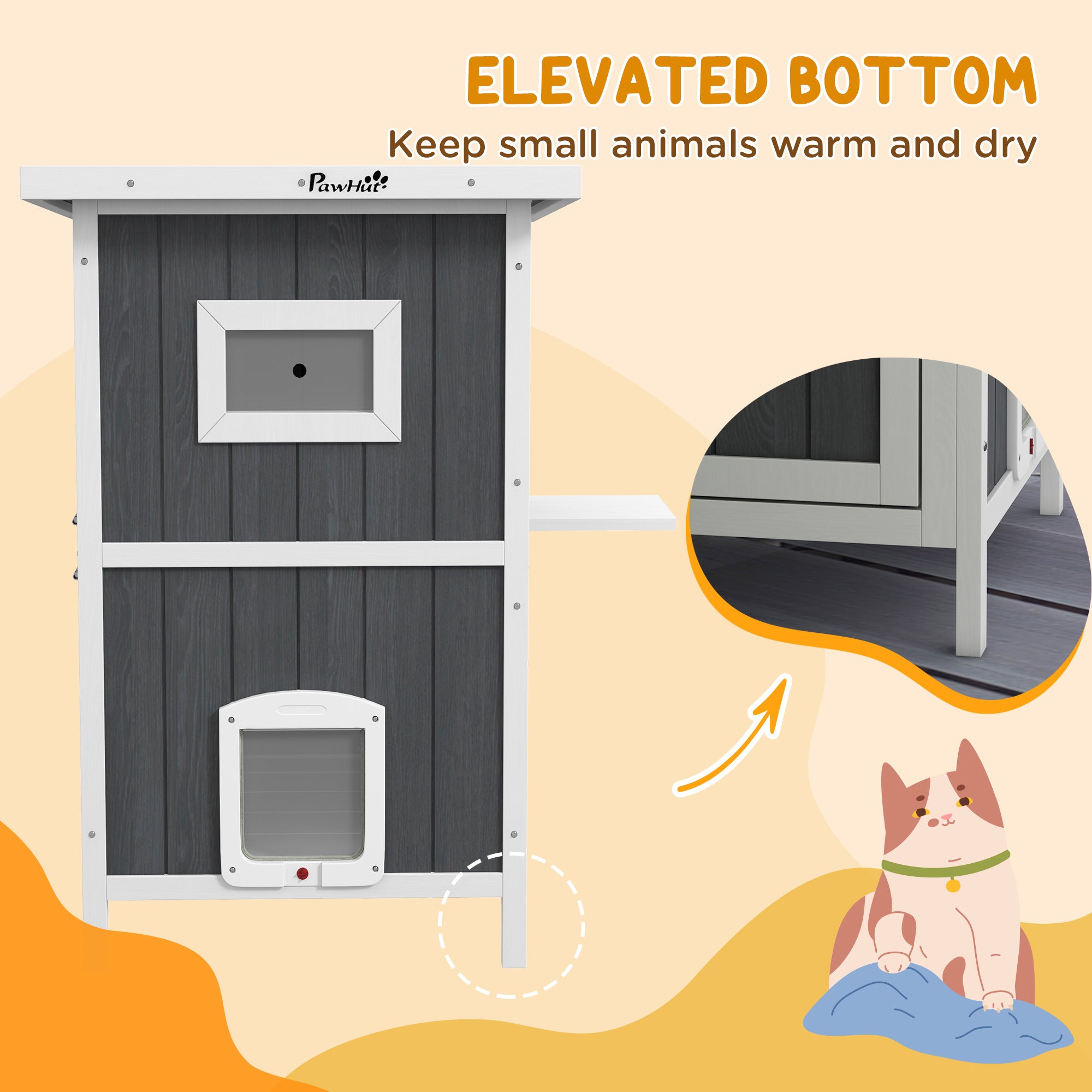 PawHut Outdoor Cat House, 2 Tiers Feral Cat Shelter Wooden with Weatherproof Roof, Removable Floor, Escape Doors, for 1-2 Cats, Gray