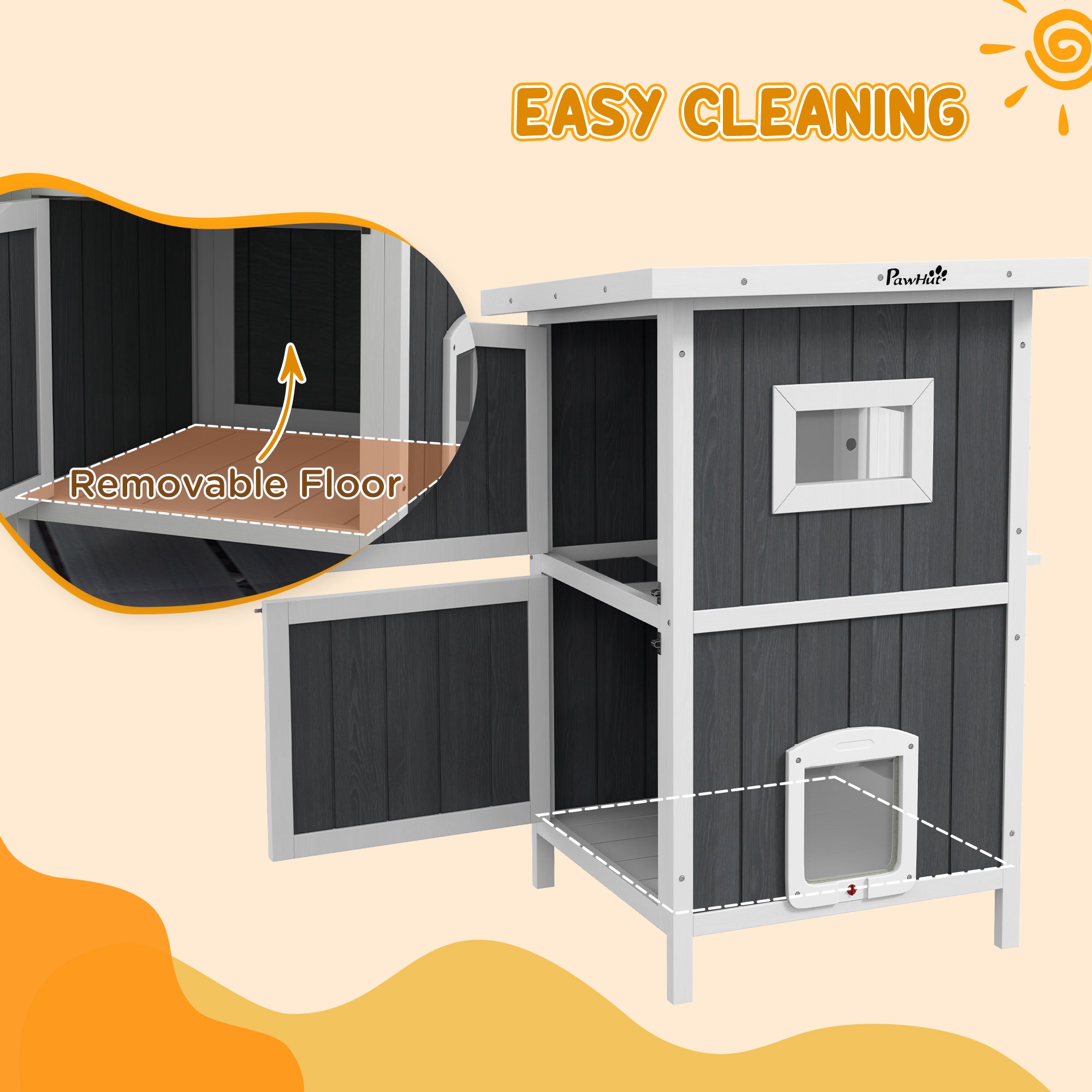 PawHut Outdoor Cat House, 2 Tiers Feral Cat Shelter Wooden with Weatherproof Roof, Removable Floor, Escape Doors, for 1-2 Cats, Gray