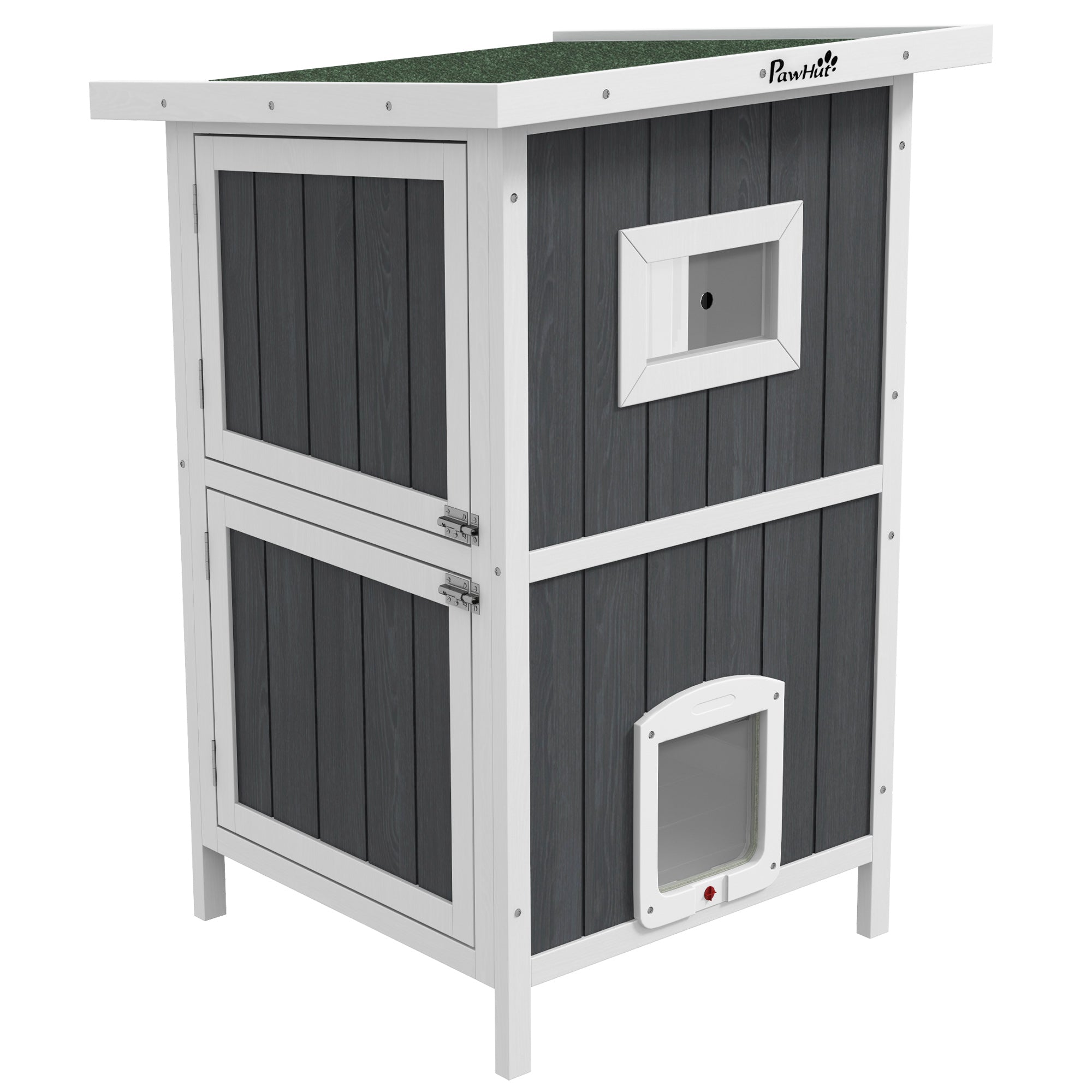 PawHut Outdoor Cat House, 2 Tiers Feral Cat Shelter Wooden with Weatherproof Roof, Removable Floor, Escape Doors, for 1-2 Cats, Gray