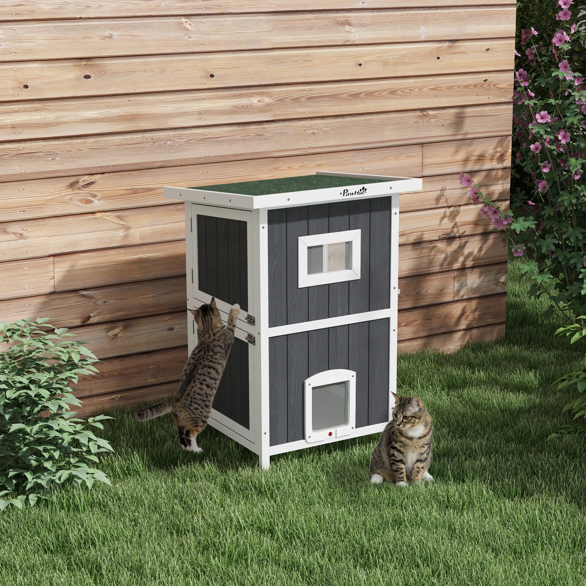 PawHut Outdoor Cat House, 2 Tiers Feral Cat Shelter Wooden with Weatherproof Roof, Removable Floor, Escape Doors, for 1-2 Cats, Gray