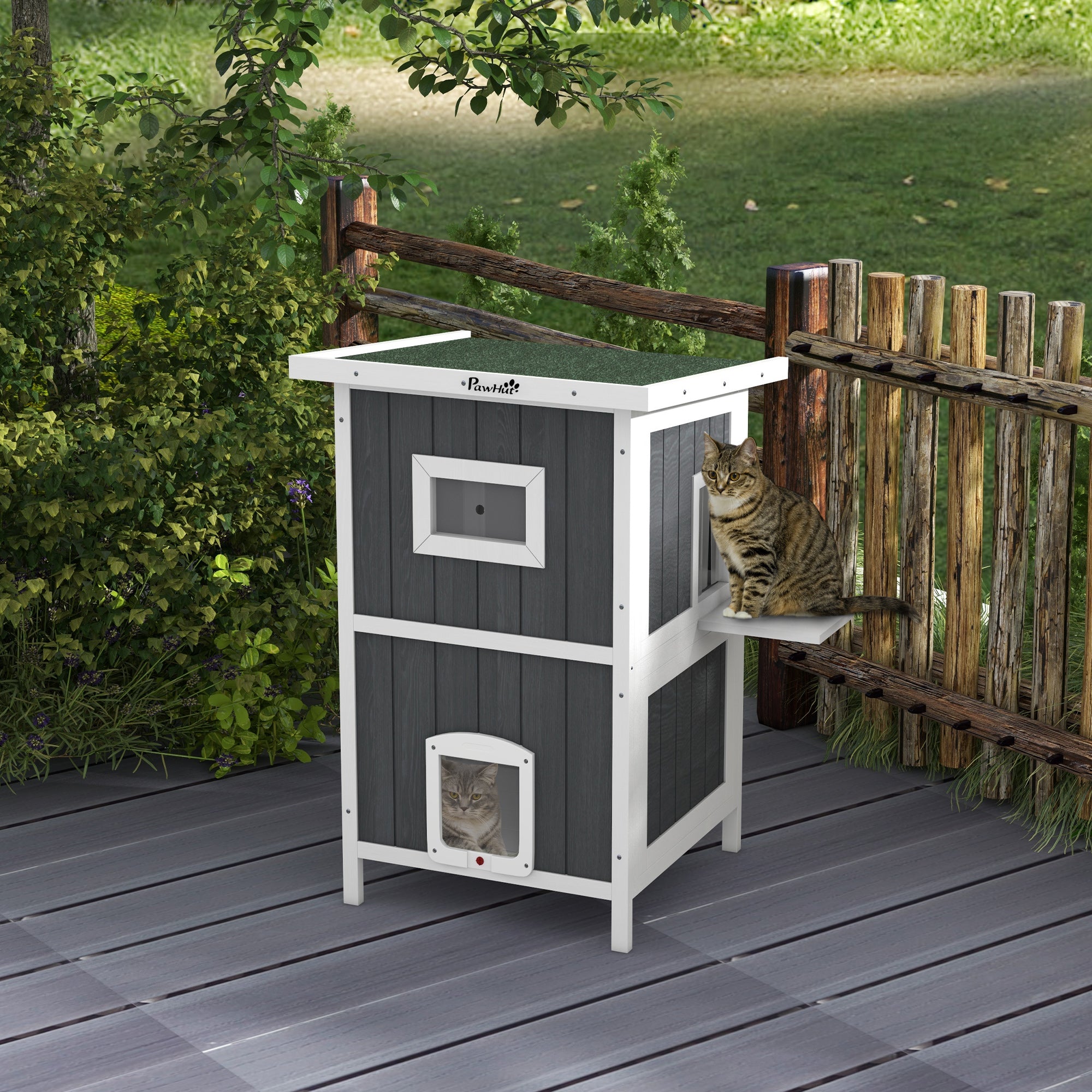 PawHut Outdoor Cat House, 2 Tiers Feral Cat Shelter Wooden with Weatherproof Roof, Removable Floor, Escape Doors, for 1-2 Cats, Gray