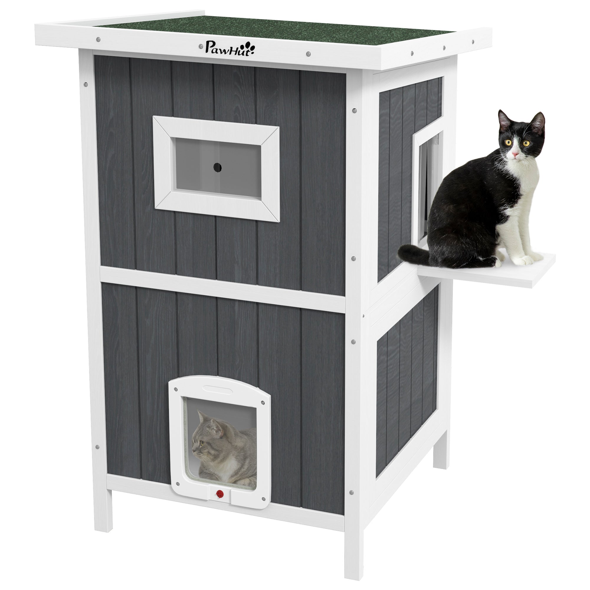 PawHut Outdoor Cat House, 2 Tiers Feral Cat Shelter Wooden with Weatherproof Roof, Removable Floor, Escape Doors, for 1-2 Cats, Gray