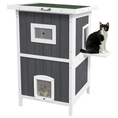 PawHut Outdoor Cat House, 2 Tiers Feral Cat Shelter Wooden with Weatherproof Roof, Removable Floor, Escape Doors, for 1-2 Cats, Gray