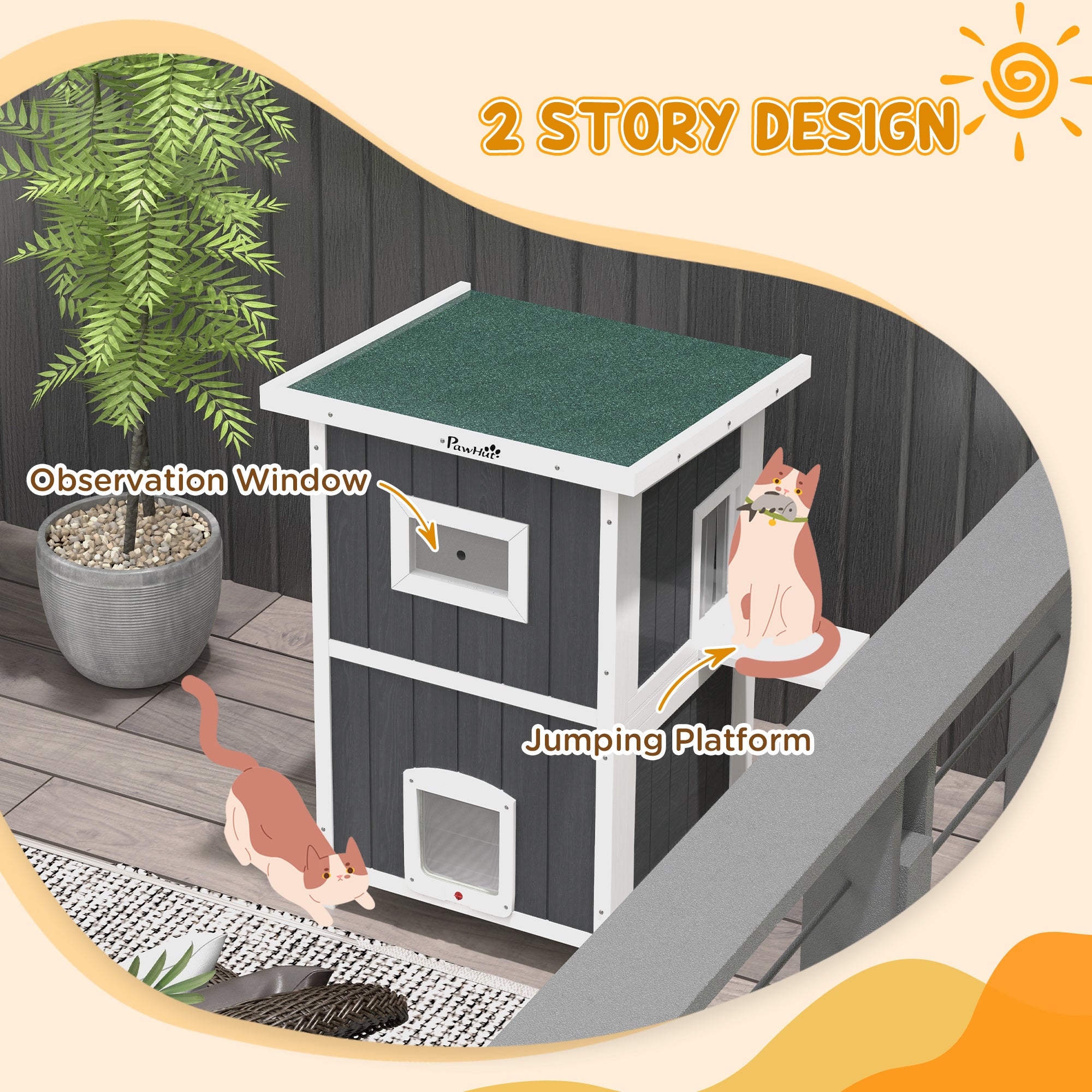 PawHut Outdoor Cat House, 2 Tiers Feral Cat Shelter Wooden with Weatherproof Roof, Removable Floor, Escape Doors, for 1-2 Cats, Gray