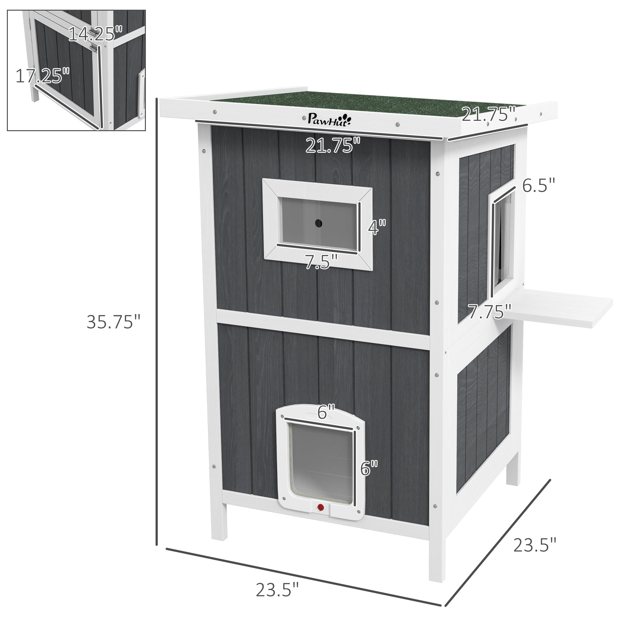 PawHut Outdoor Cat House, 2 Tiers Feral Cat Shelter Wooden with Weatherproof Roof, Removable Floor, Escape Doors, for 1-2 Cats, Gray