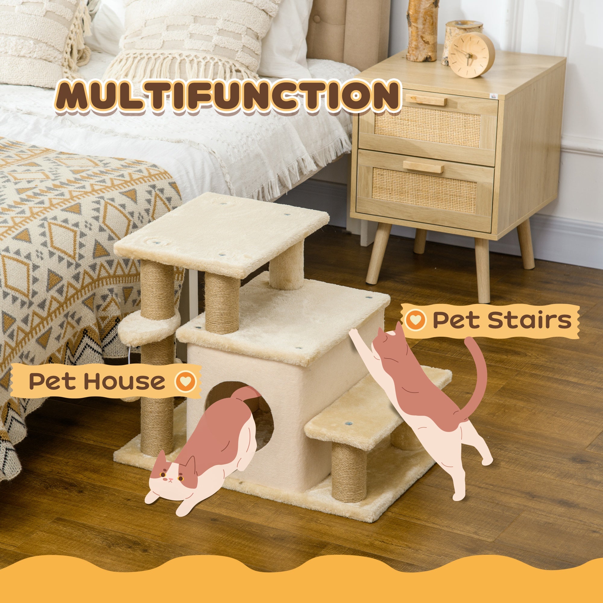 PawHut Adjustable Height Cat Stairs with Jute Scratching Posts, Cat House for Cozy Rest, Pet Steps for Couch Sofa and High Bed with Hanging Ball, Front Hole, Platform, Beige