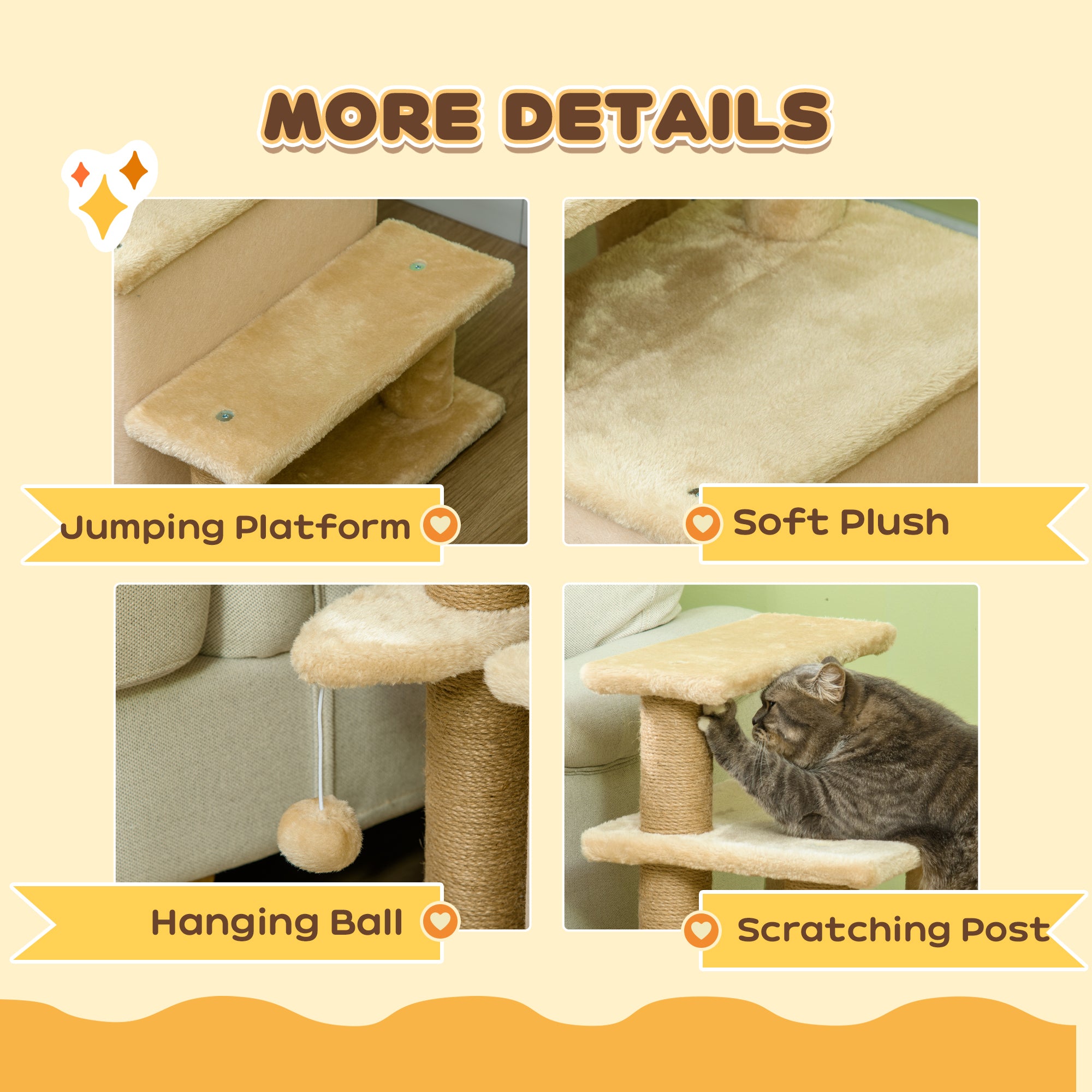 PawHut Adjustable Height Cat Stairs with Jute Scratching Posts, Cat House for Cozy Rest, Pet Steps for Couch Sofa and High Bed with Hanging Ball, Front Hole, Platform, Beige