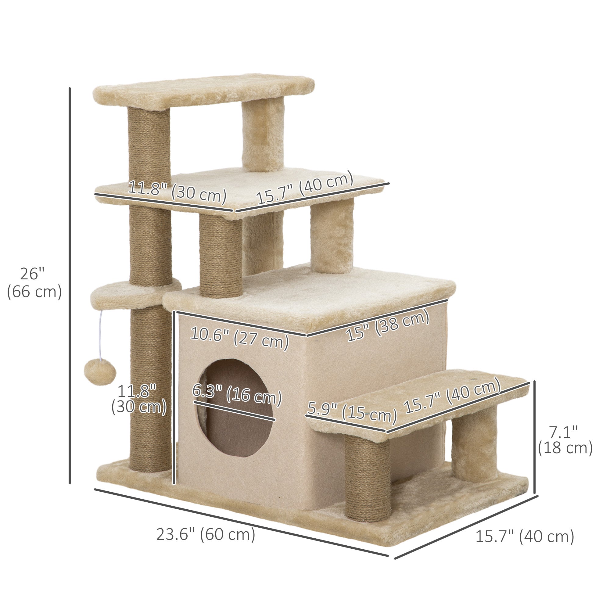 PawHut Adjustable Height Cat Stairs with Jute Scratching Posts, Cat House for Cozy Rest, Pet Steps for Couch Sofa and High Bed with Hanging Ball, Front Hole, Platform, Beige