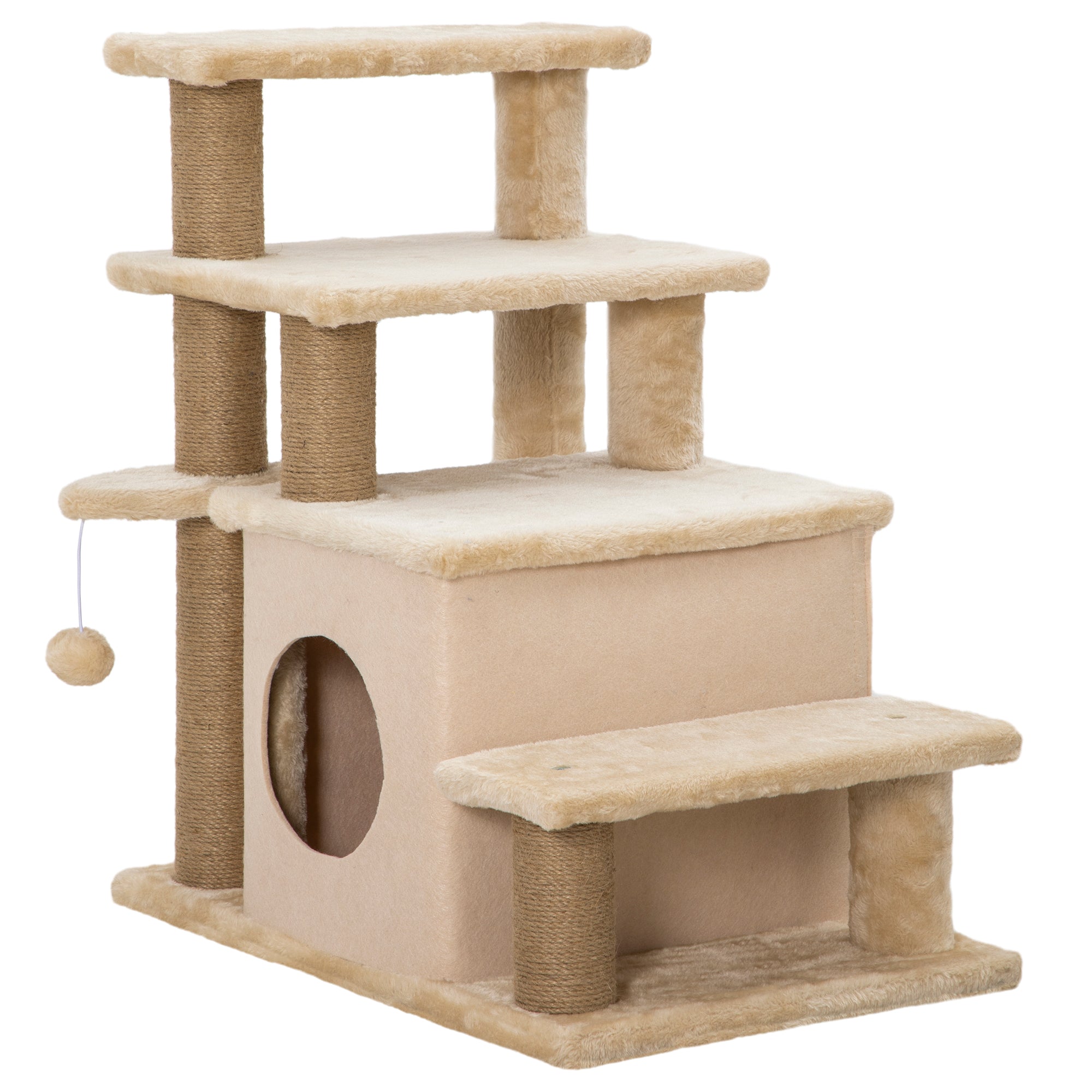 PawHut Dog Steps for Bed, 4 Step Pet Stairs with Cat House, Detachable Cover, Jute Scratching Post, Cat Climb ladder for Sofa w/ Hanging Balls - Beige
