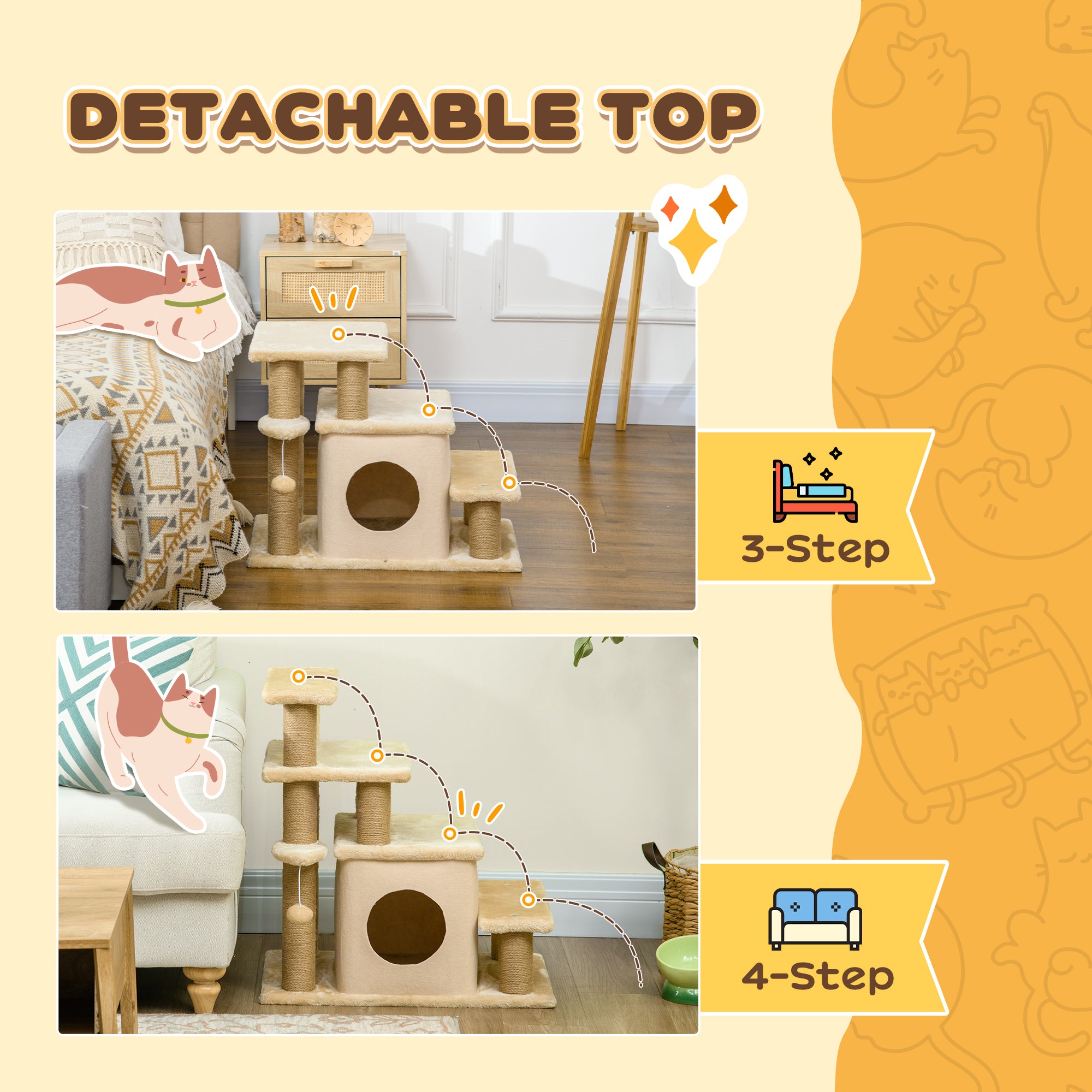 PawHut Adjustable Height Cat Stairs with Jute Scratching Posts, Cat House for Cozy Rest, Pet Steps for Couch Sofa and High Bed with Hanging Ball, Front Hole, Platform, Beige