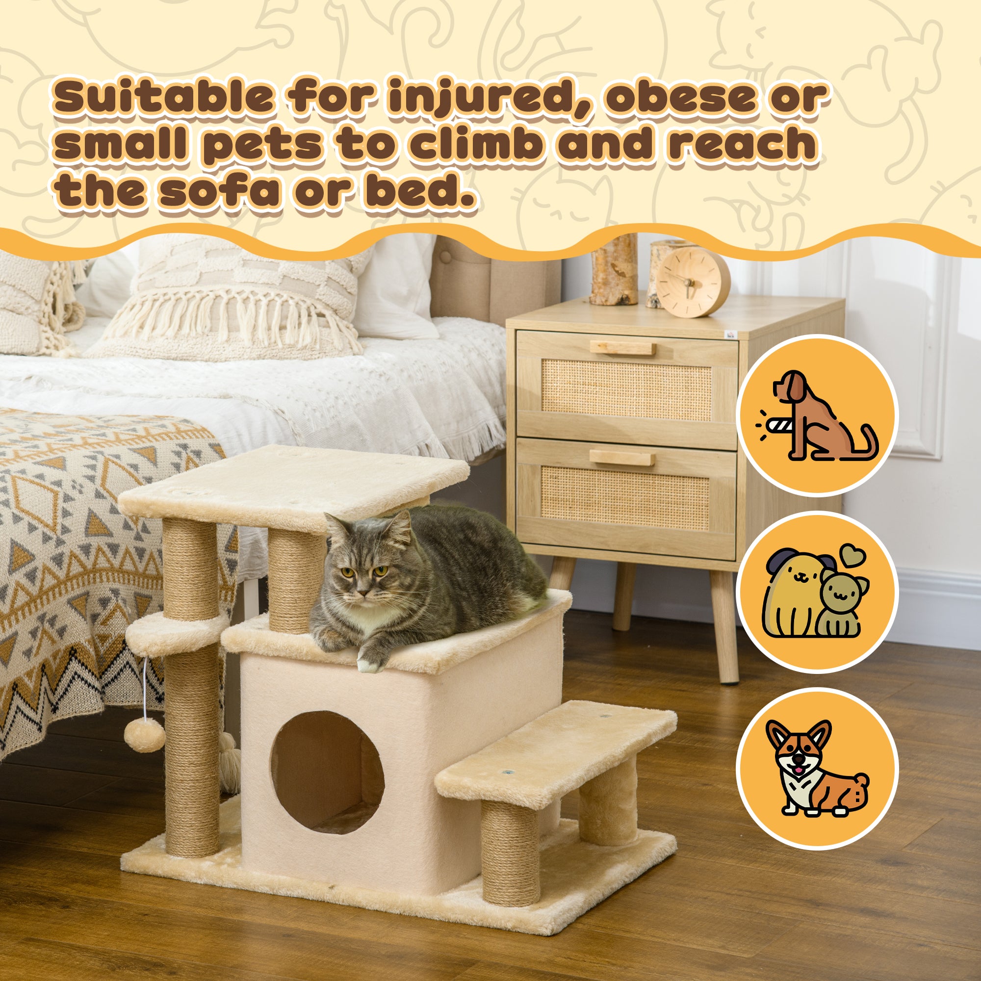 PawHut Adjustable Height Cat Stairs with Jute Scratching Posts, Cat House for Cozy Rest, Pet Steps for Couch Sofa and High Bed with Hanging Ball, Front Hole, Platform, Beige