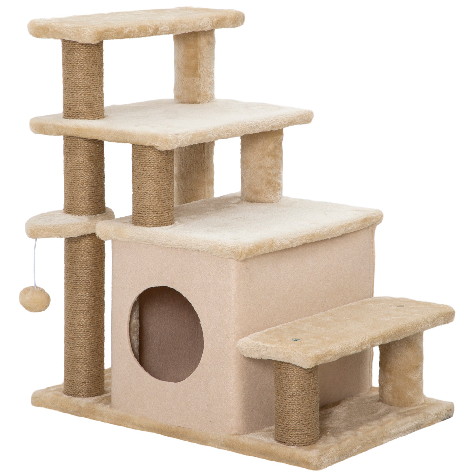 PawHut Dog Steps for Bed, 4 Step Pet Stairs with Cat House, Detachable Cover, Jute Scratching Post, Cat Climb ladder for Sofa w/ Hanging Balls - Beige
