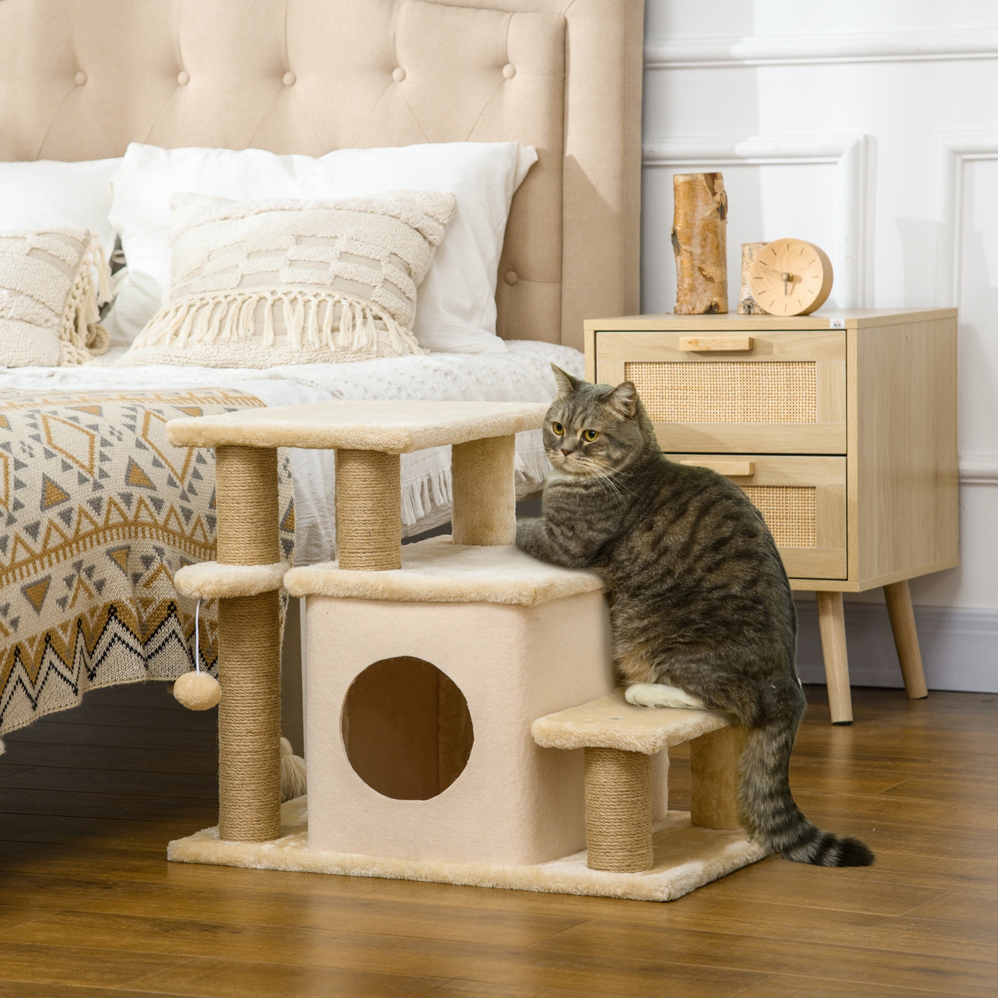 PawHut Dog Steps for Bed, 4 Step Pet Stairs with Cat House, Detachable Cover, Jute Scratching Post, Cat Climb ladder for Sofa w/ Hanging Balls - Beige
