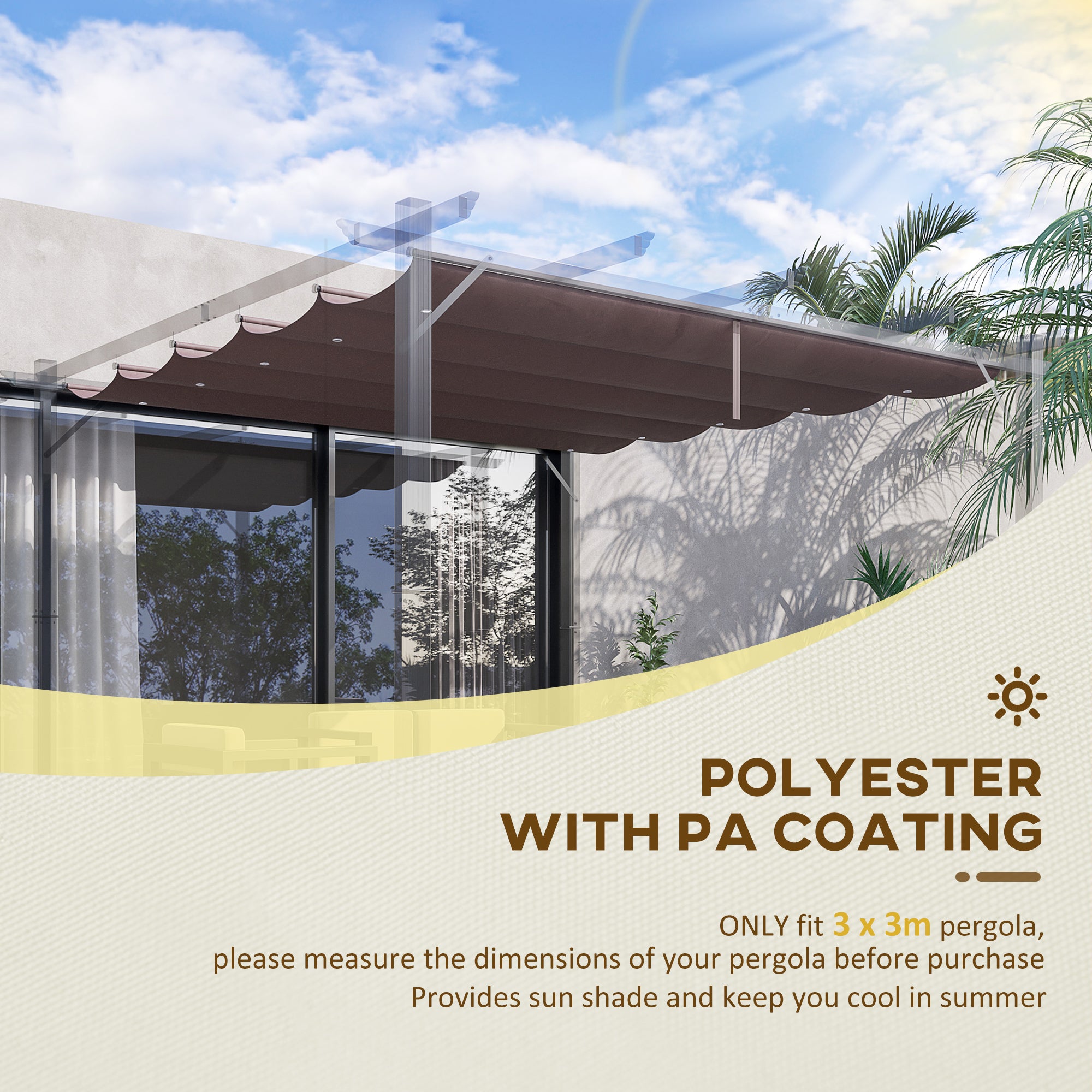 Outsunny Retractable Replacement Pergola Canopy for 10' x 10' Pergola, Pergola Cover Replacement, Coffee