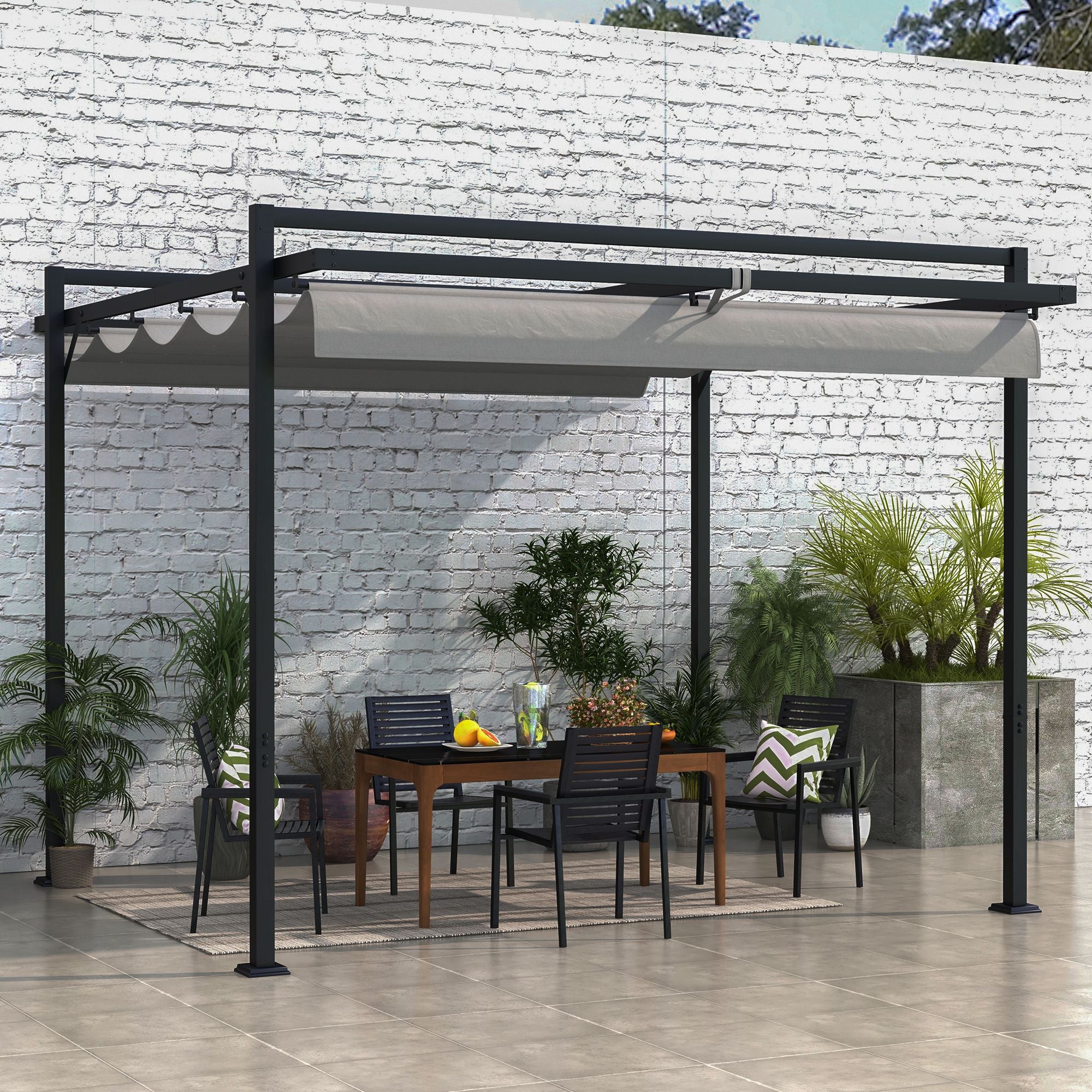 Outsunny 10' x 10' Retractable Pergola Canopy, Garden Gazebo Outdoor Shade Shelter for Grill, Patio, Deck, Dark Grey