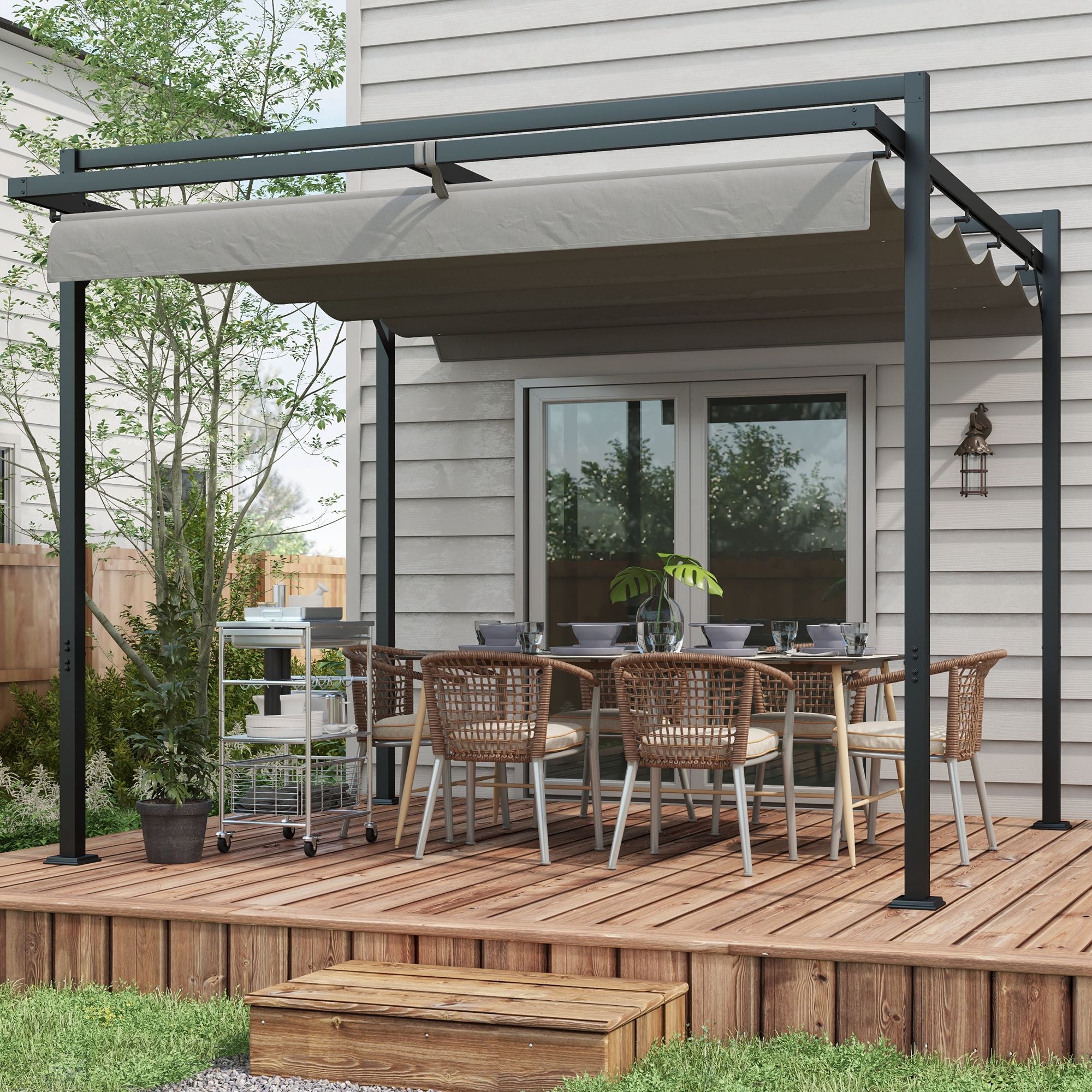 Outsunny 10' x 10' Retractable Pergola Canopy, Garden Gazebo Outdoor Shade Shelter for Grill, Patio, Deck, Dark Grey