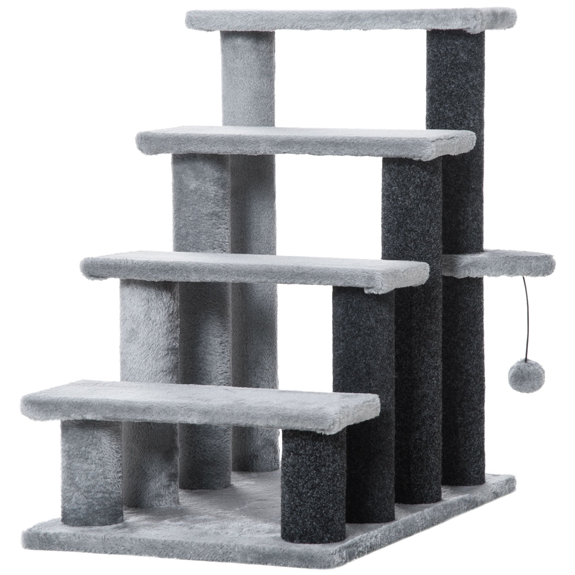 PawHut Cat Stairs, 2 in 1 Cat Tree Tower Pet Steps with Scratching Posts, Hanging Toy Ball, 4-Step Cat Climbing Tower for High Bed, Sofa, Indoor Use, Light Gray