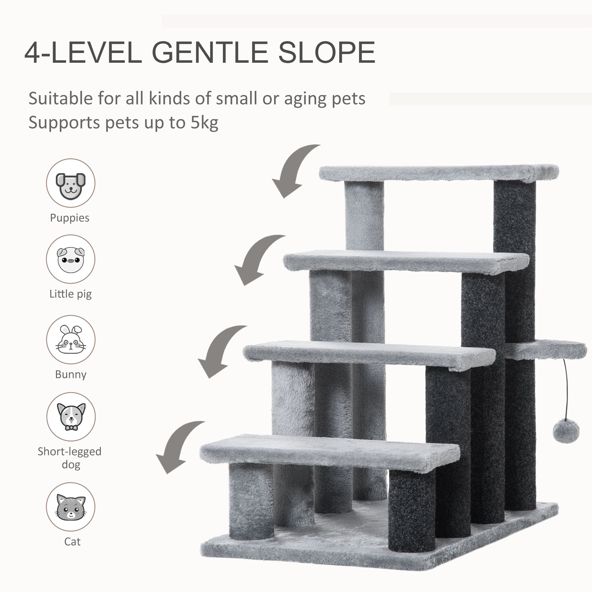 PawHut Cat Stairs, 2 in 1 Cat Tree Tower Pet Steps with Scratching Posts, Hanging Toy Ball, 4-Step Cat Climbing Tower for High Bed, Sofa, Indoor Use, Light Gray