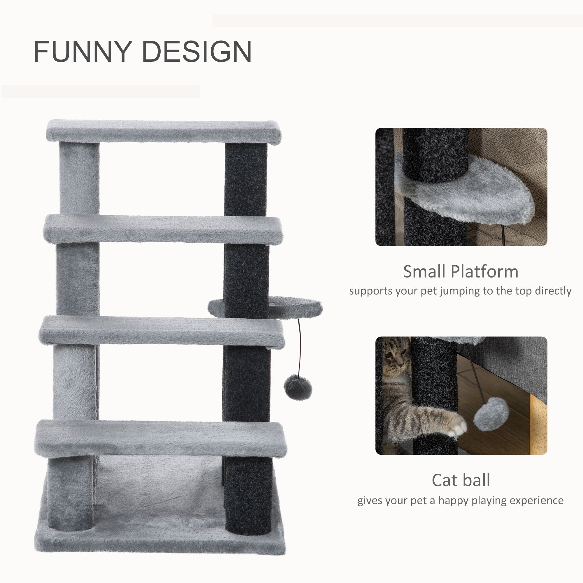 PawHut Cat Stairs, 2 in 1 Cat Tree Tower Pet Steps with Scratching Posts, Hanging Toy Ball, 4-Step Cat Climbing Tower for High Bed, Sofa, Indoor Use, Light Gray