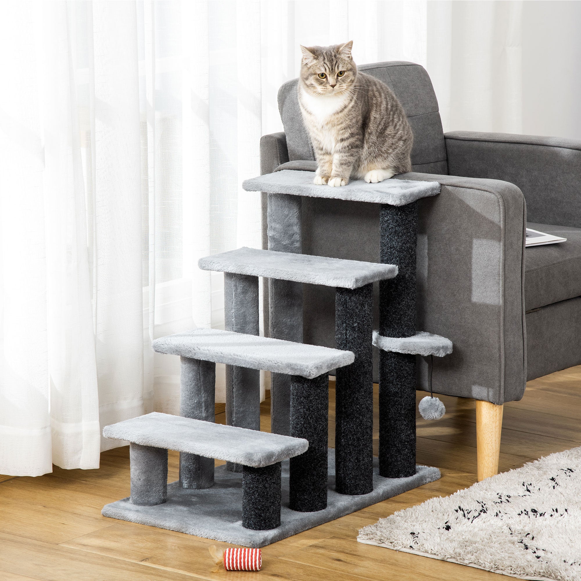PawHut Cat Stairs, 2 in 1 Cat Tree Tower Pet Steps with Scratching Posts, Hanging Toy Ball, 4-Step Cat Climbing Tower for High Bed, Sofa, Indoor Use, Light Gray