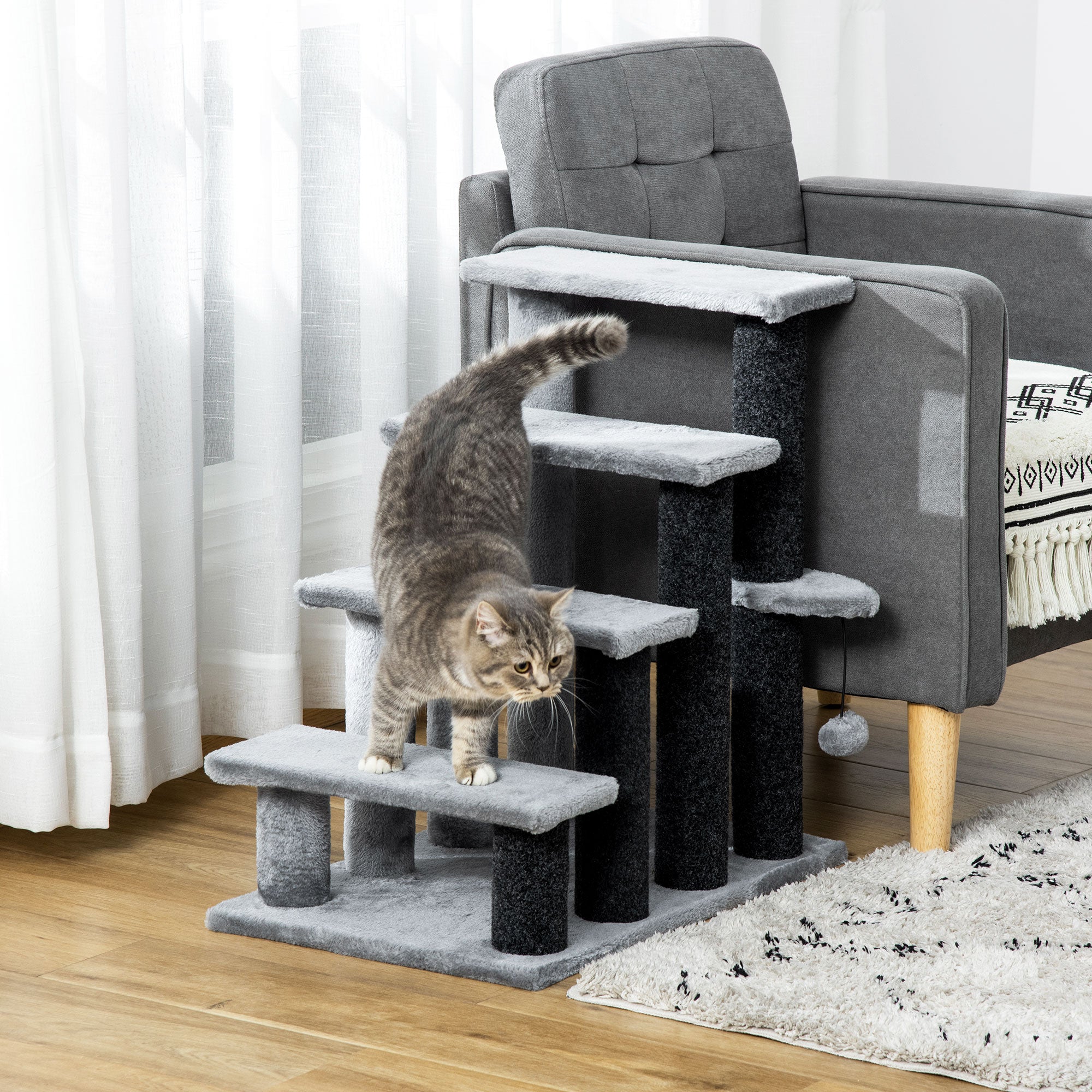 PawHut Cat Stairs, 2 in 1 Cat Tree Tower Pet Steps with Scratching Posts, Hanging Toy Ball, 4-Step Cat Climbing Tower for High Bed, Sofa, Indoor Use, Light Gray