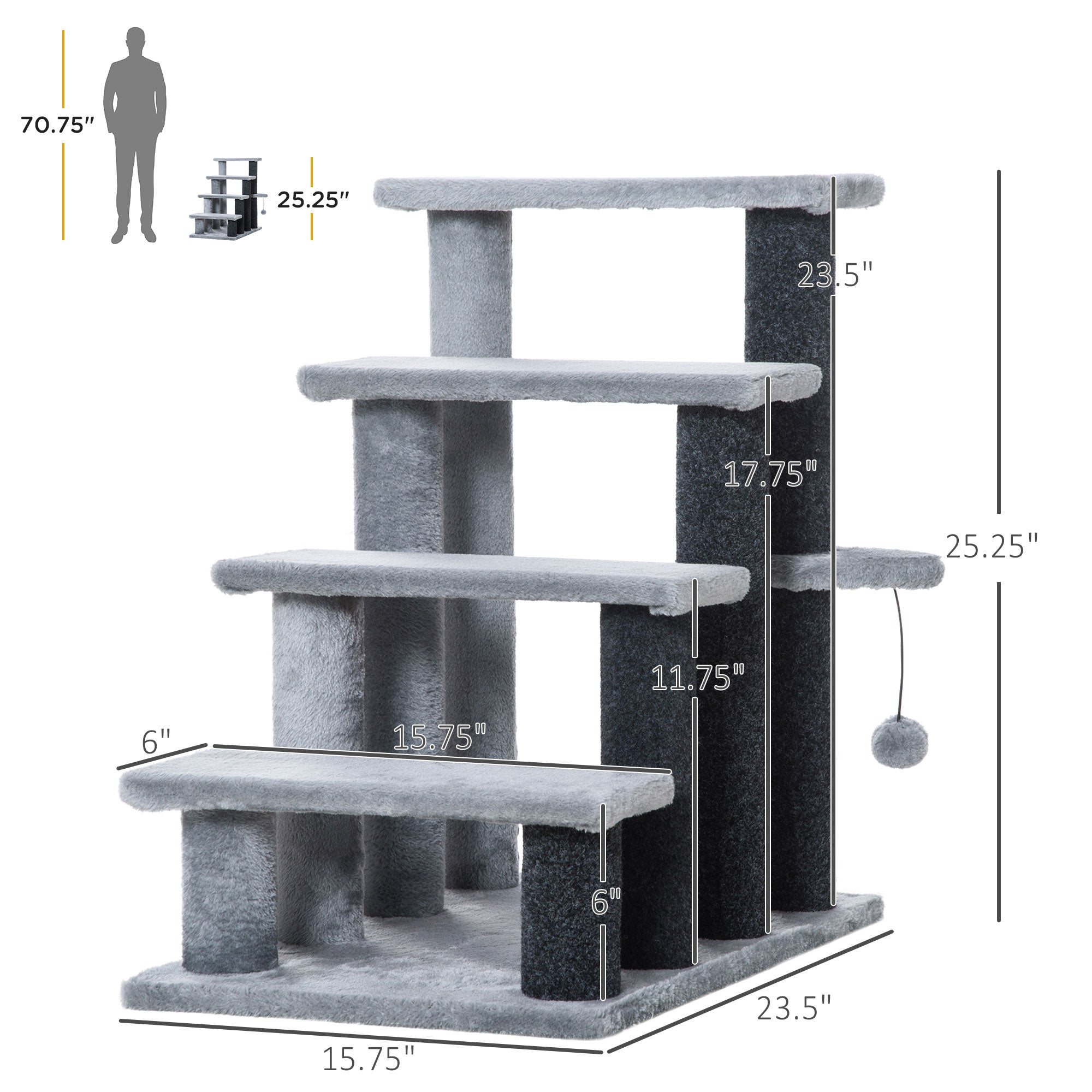 PawHut Cat Stairs, 2 in 1 Cat Tree Tower Pet Steps with Scratching Posts, Hanging Toy Ball, 4-Step Cat Climbing Tower for High Bed, Sofa, Indoor Use, Light Gray