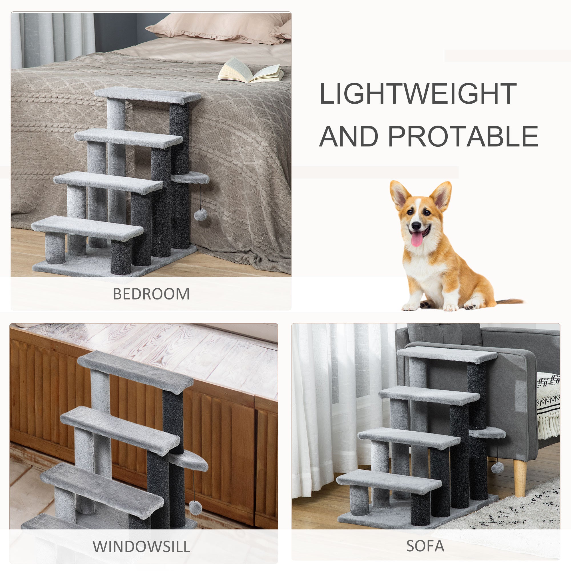 PawHut Cat Stairs, 2 in 1 Cat Tree Tower Pet Steps with Scratching Posts, Hanging Toy Ball, 4-Step Cat Climbing Tower for High Bed, Sofa, Indoor Use, Light Gray