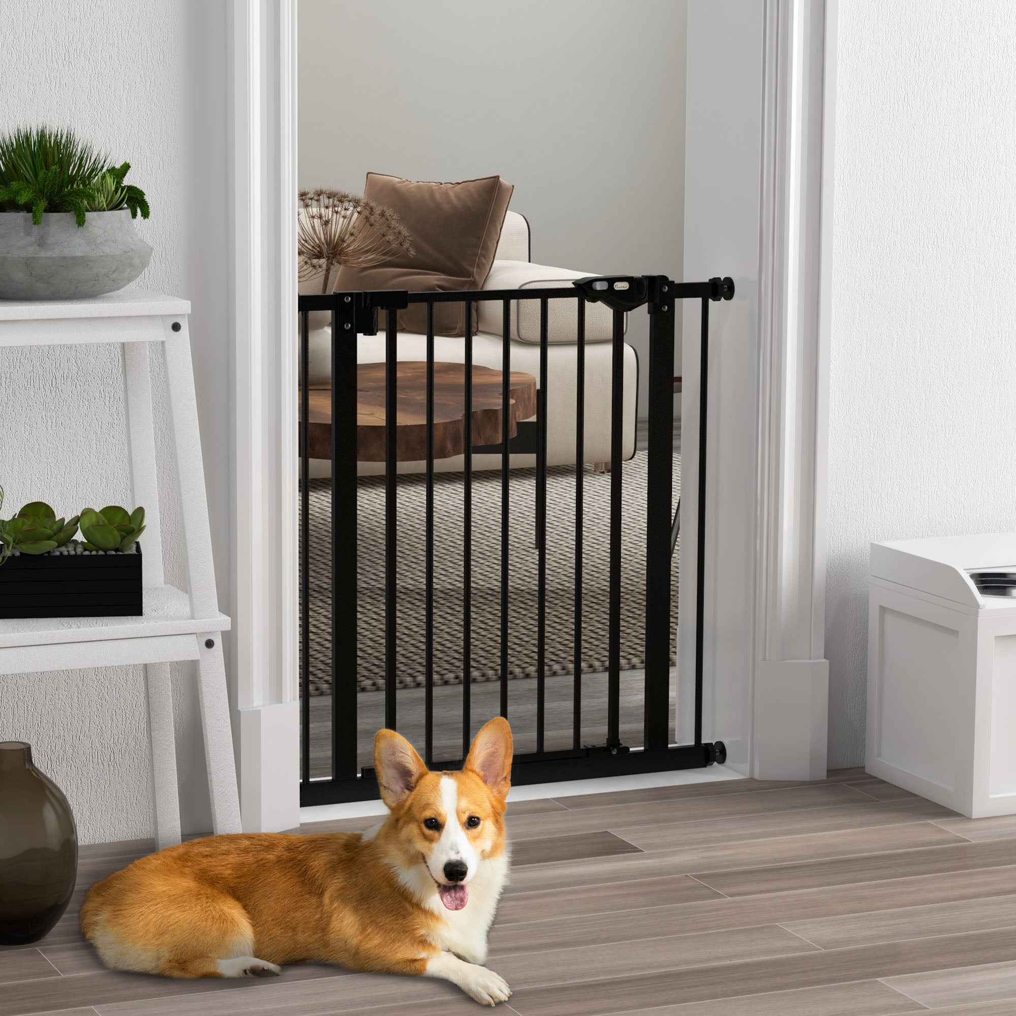 PawHut 30 Inch Tall Pet Gate with Door Dog Gate and Barrier Indoor for Stairs, Pressure-Mounted Safety Gate, Black