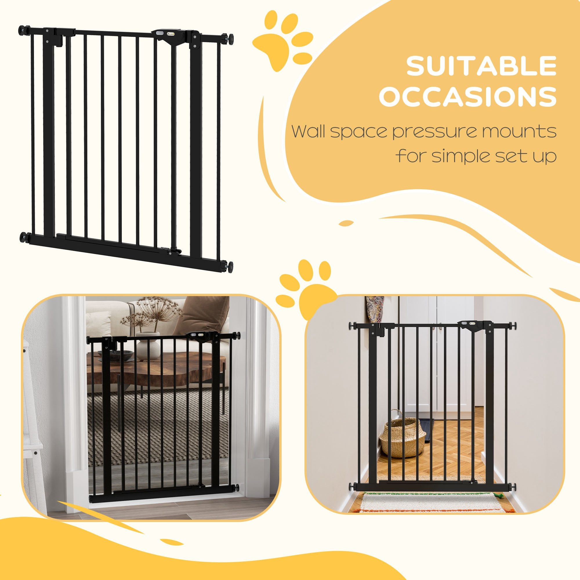 PawHut 30 Inch Tall Pet Gate with Door Dog Gate and Barrier Indoor for Stairs, Pressure-Mounted Safety Gate, Black