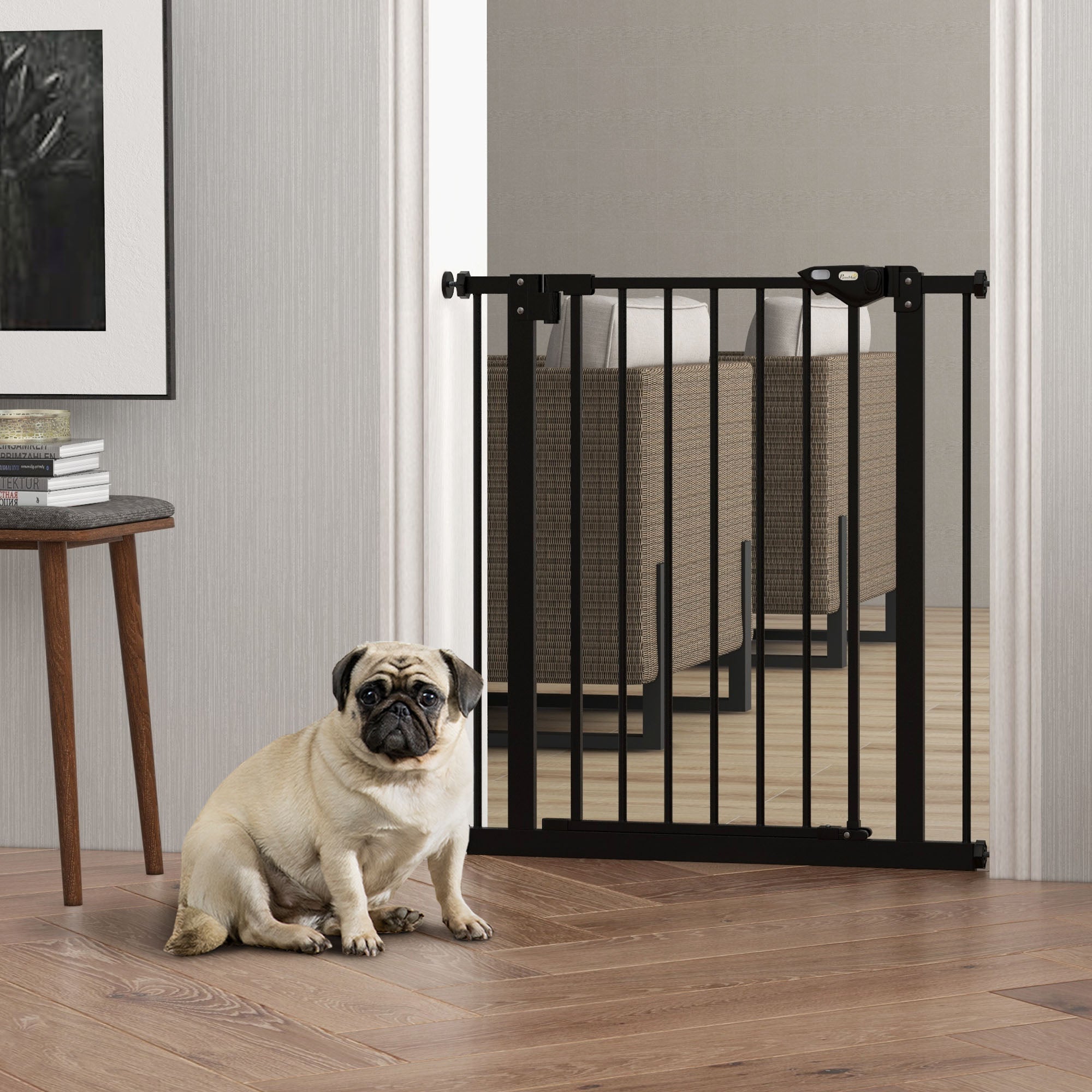PawHut Dog Gate Stair Gate Pressure Fit Pets Barrier Auto Close for Doorway Hallway, 74-80cm Wide Adjustable, Black