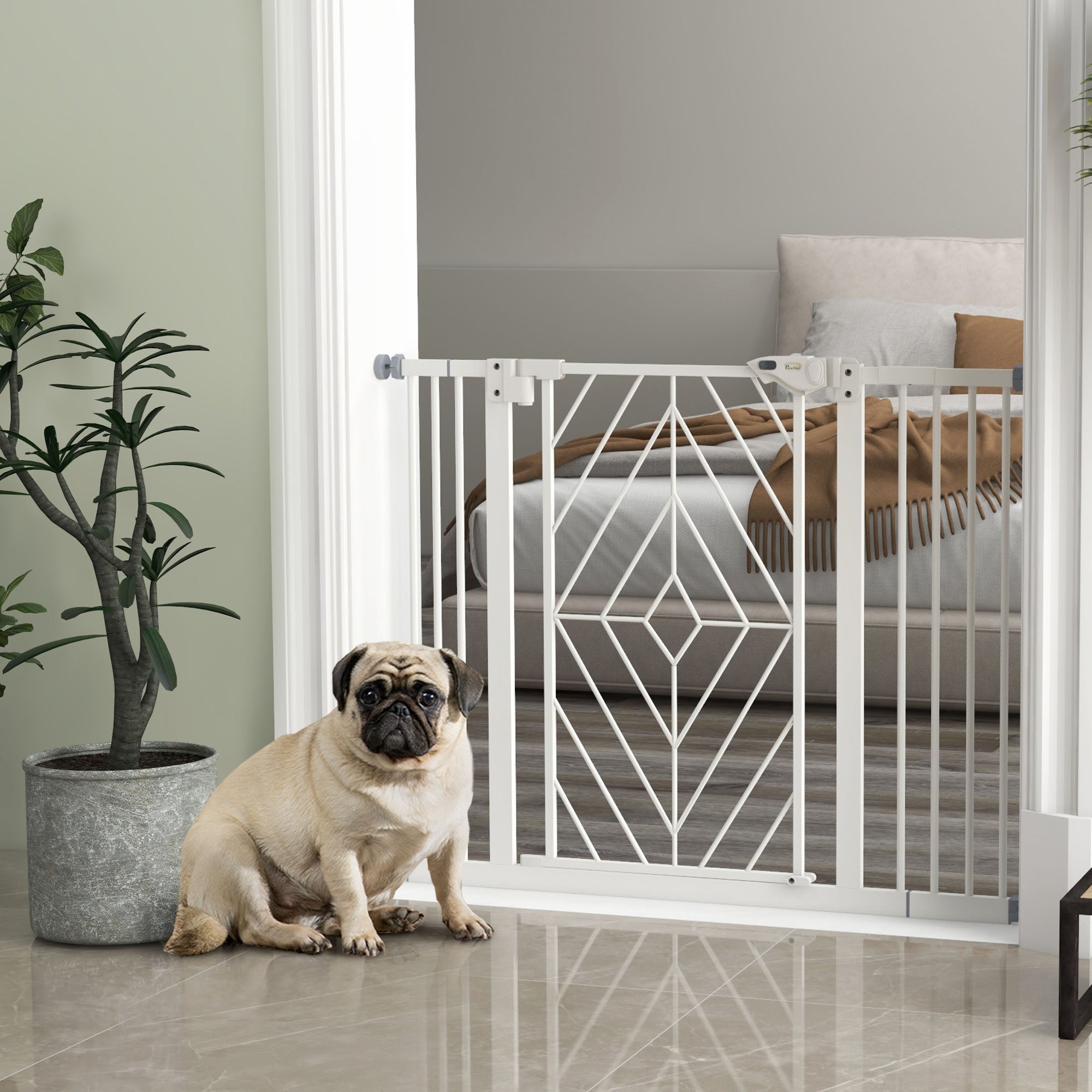PawHut Pressure Fit Safety Gate for Doorways and Staircases, Dog Gate with Auto Closing Door, Pet Barrier for Hallways with Double Locking, Openings 74-100cm - White