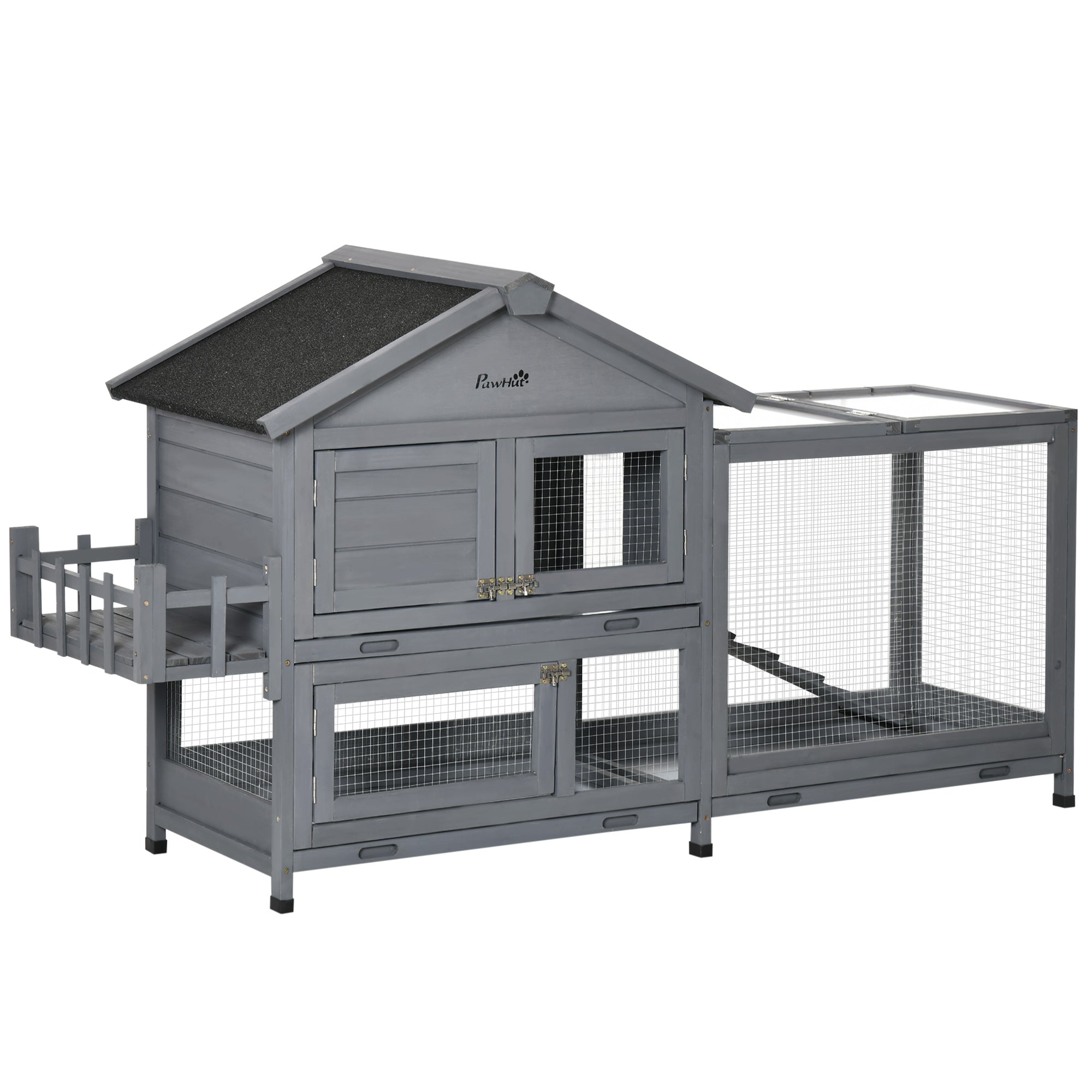 PawHut 65" Wooden Rabbit Hutch, Pet Playpen with Openable Roof, Bunny House Enclosure with Storage Box, Slide-out Tray, Ramp, for Rabbits and Small Animals, Dark Grey