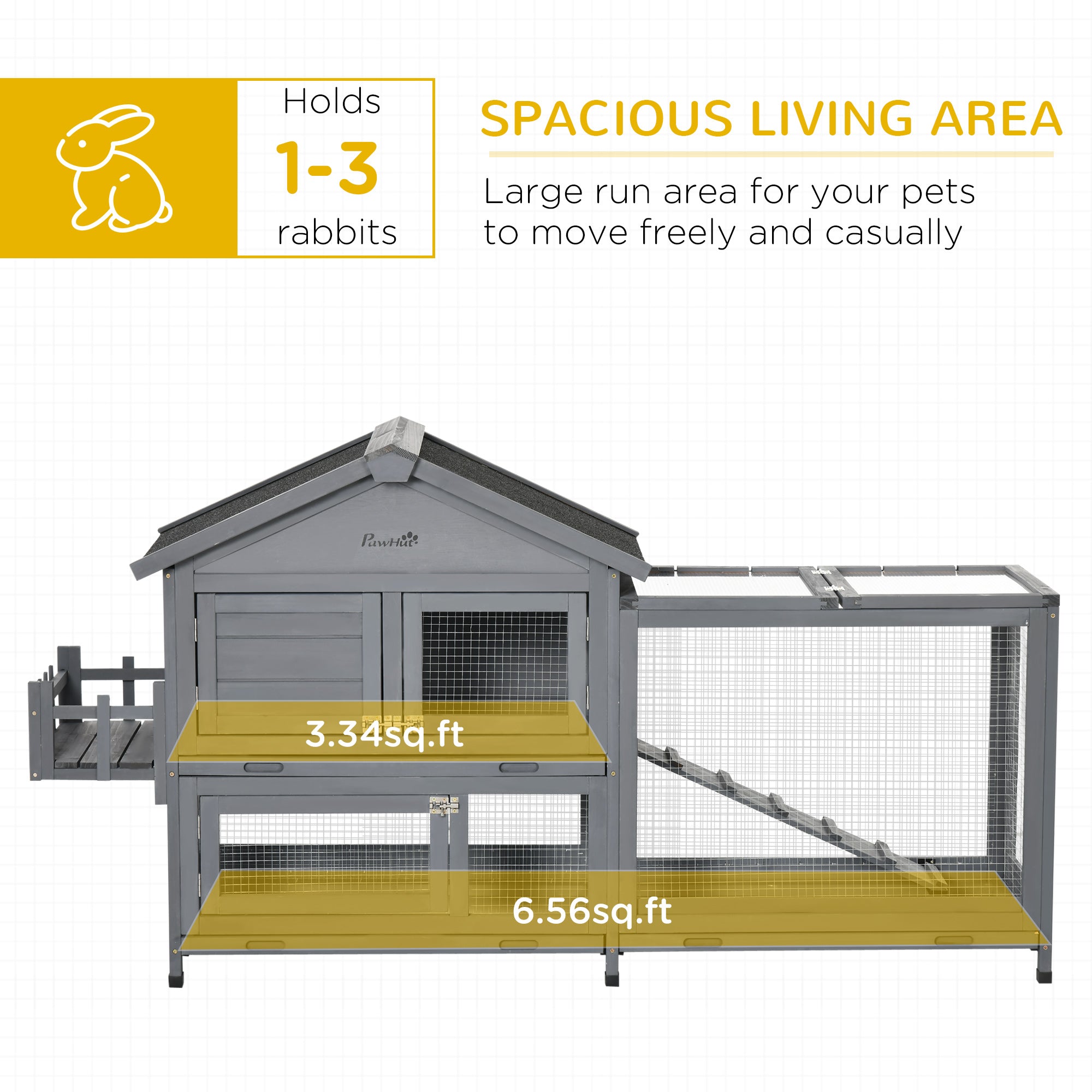 PawHut 65" Wooden Rabbit Hutch, Pet Playpen with Openable Roof, Bunny House Enclosure with Storage Box, Slide-out Tray, Ramp, for Rabbits and Small Animals, Dark Grey