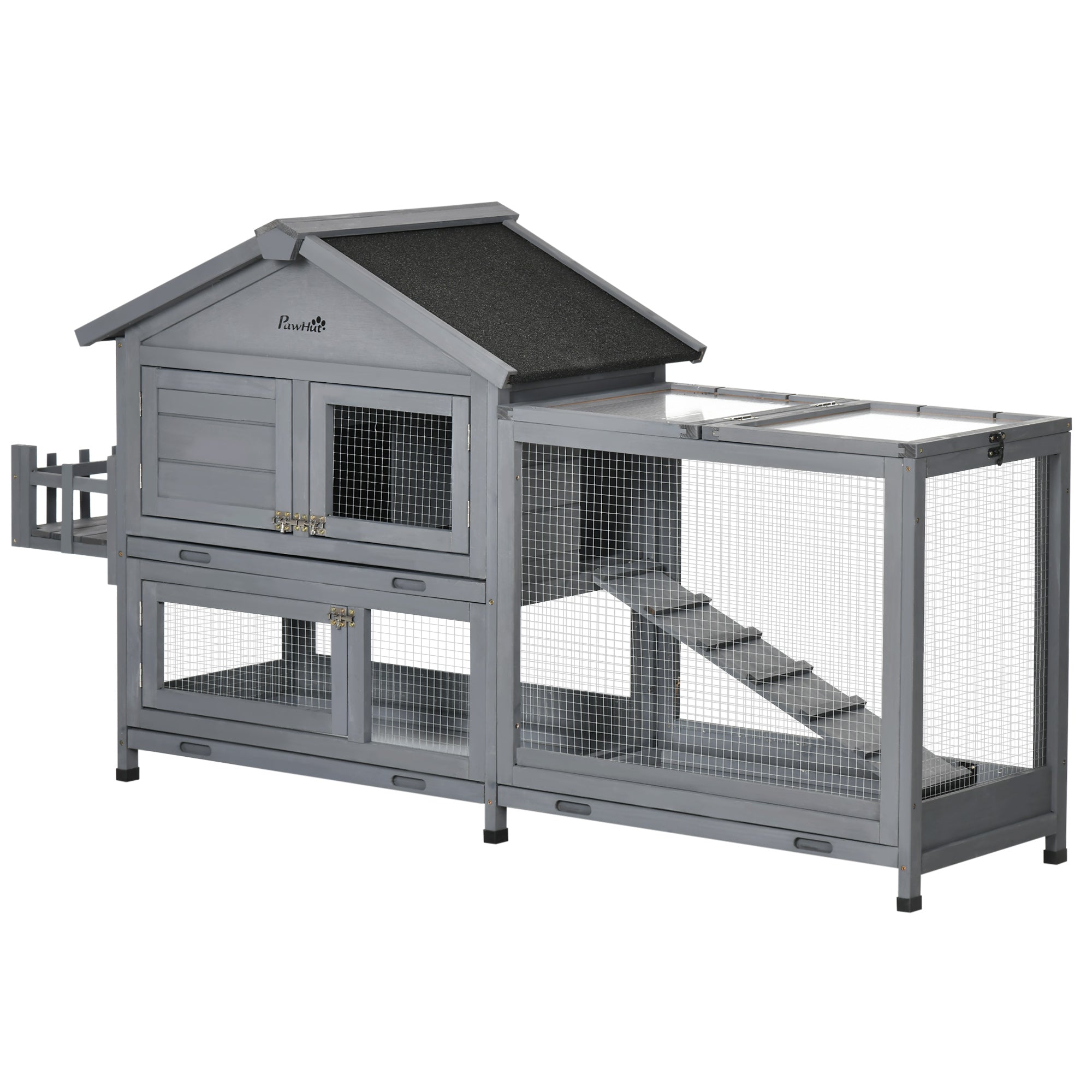 PawHut 65" Wooden Rabbit Hutch, Pet Playpen with Openable Roof, Bunny House Enclosure with Storage Box, Slide-out Tray, Ramp, for Rabbits and Small Animals, Dark Grey