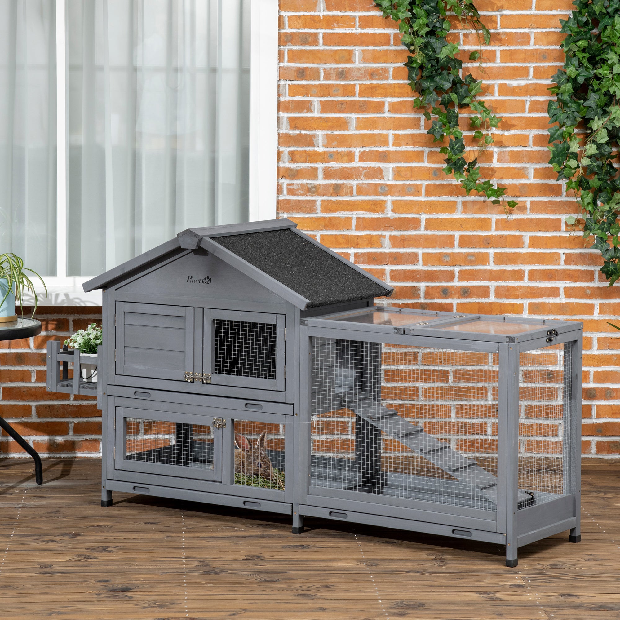 PawHut 65" Wooden Rabbit Hutch, Pet Playpen with Openable Roof, Bunny House Enclosure with Storage Box, Slide-out Tray, Ramp, for Rabbits and Small Animals, Dark Grey