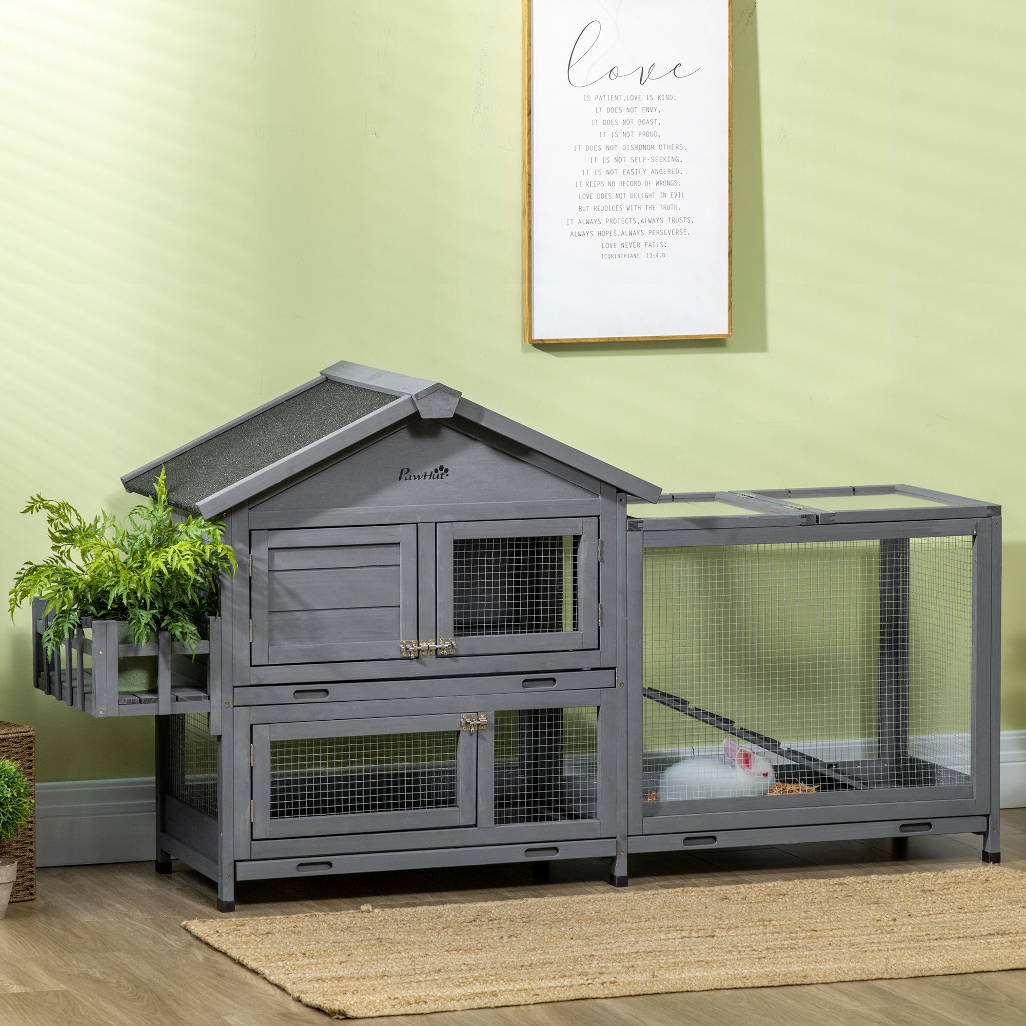 PawHut 65" Wooden Rabbit Hutch, Pet Playpen with Openable Roof, Bunny House Enclosure with Storage Box, Slide-out Tray, Ramp, for Rabbits and Small Animals, Dark Grey
