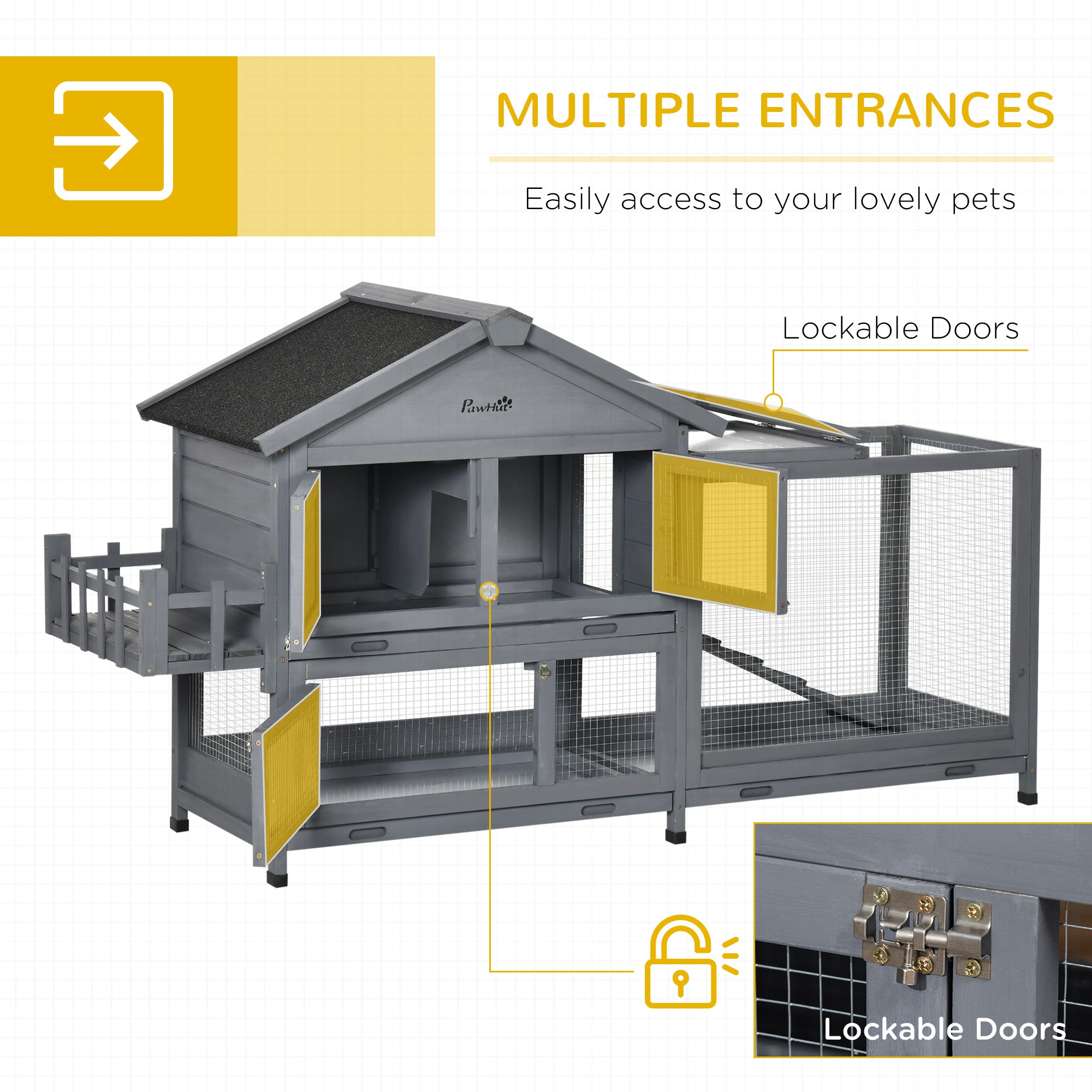 PawHut 65" Wooden Rabbit Hutch, Pet Playpen with Openable Roof, Bunny House Enclosure with Storage Box, Slide-out Tray, Ramp, for Rabbits and Small Animals, Dark Grey