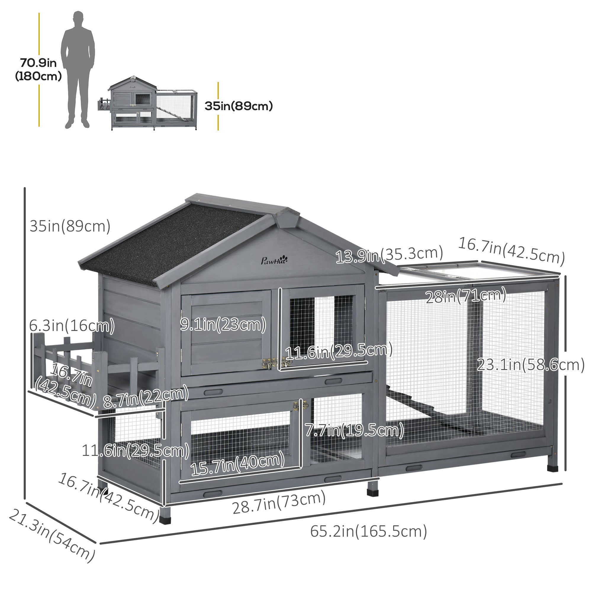 PawHut 65" Wooden Rabbit Hutch, Pet Playpen with Openable Roof, Bunny House Enclosure with Storage Box, Slide-out Tray, Ramp, for Rabbits and Small Animals, Dark Grey