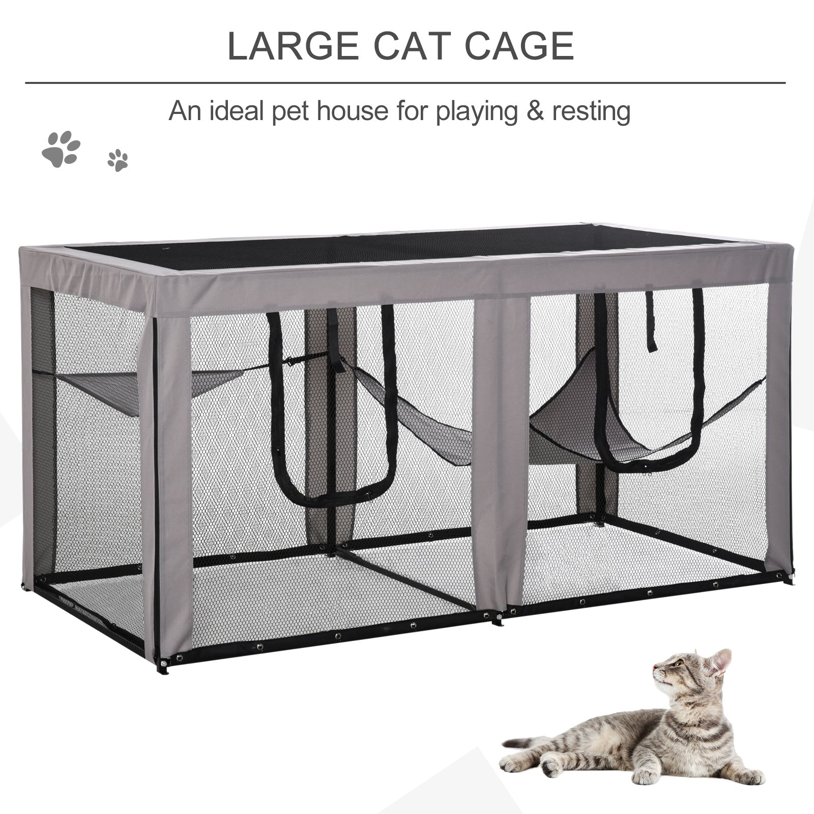 PawHut Large Mesh Cat House Kitty Indoor/Outdoor Playpen, Pet Cage with 2 Zipper Doors Soft Hammock Pet Bed, Black & Grey