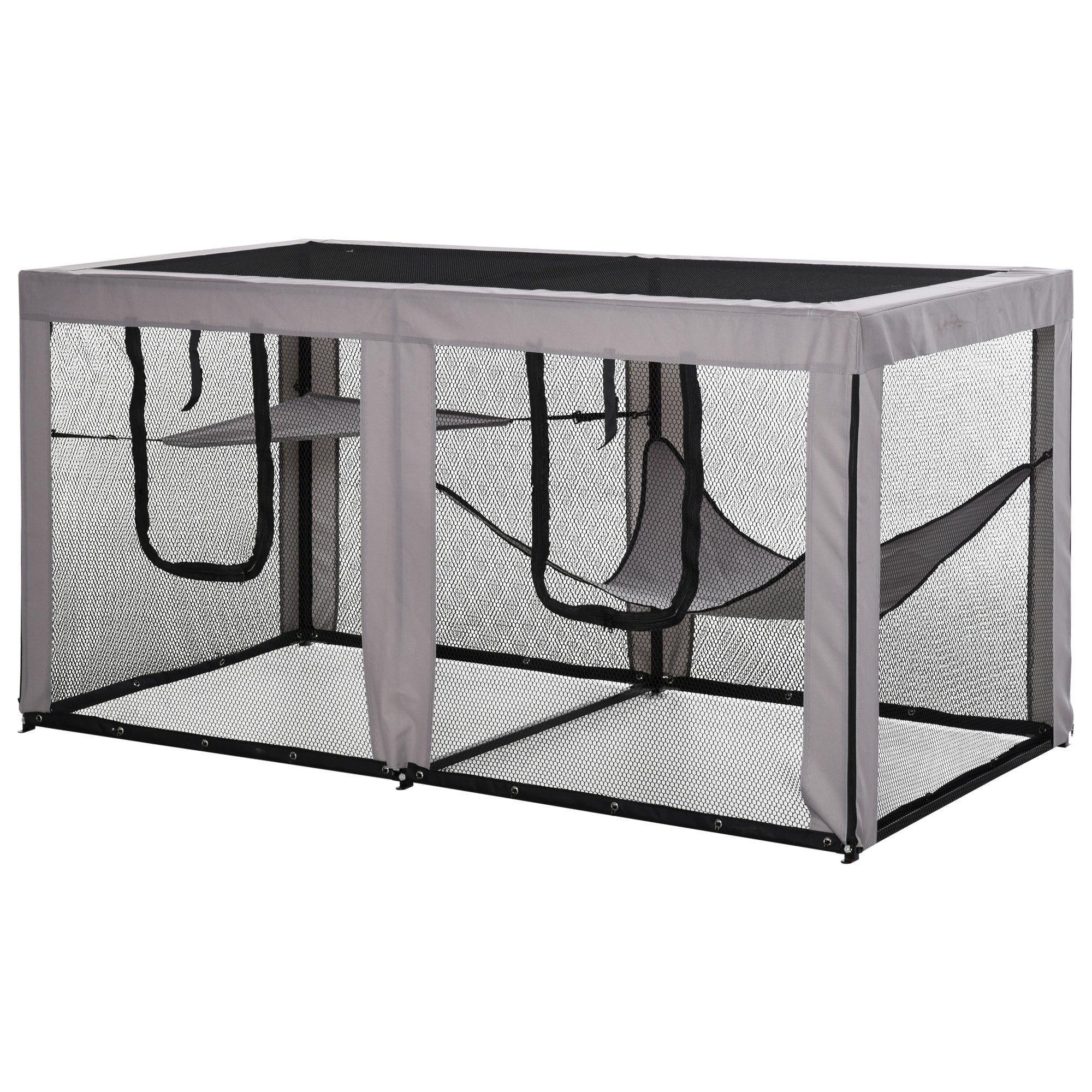 PawHut Large Mesh Cat House Kitty Indoor/Outdoor Playpen, Pet Cage with 2 Zipper Doors Soft Hammock Pet Bed, Black & Grey