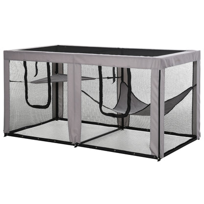 PawHut Large Mesh Cat House Kitty Indoor/Outdoor Playpen, Pet Cage with 2 Zipper Doors Soft Hammock Pet Bed, Black & Grey