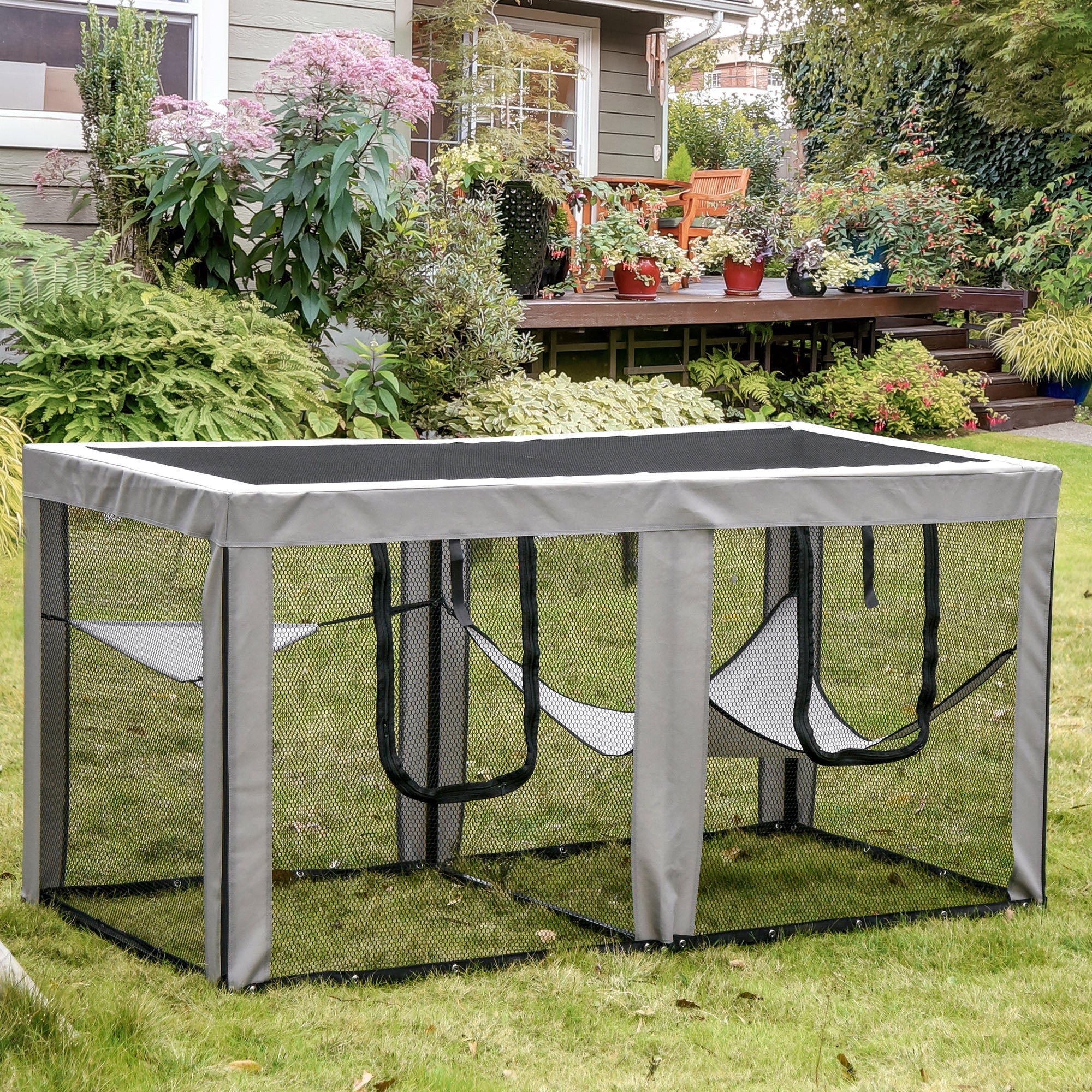 PawHut Large Mesh Cat House Kitty Indoor/Outdoor Playpen, Pet Cage with 2 Zipper Doors Soft Hammock Pet Bed, Black & Grey