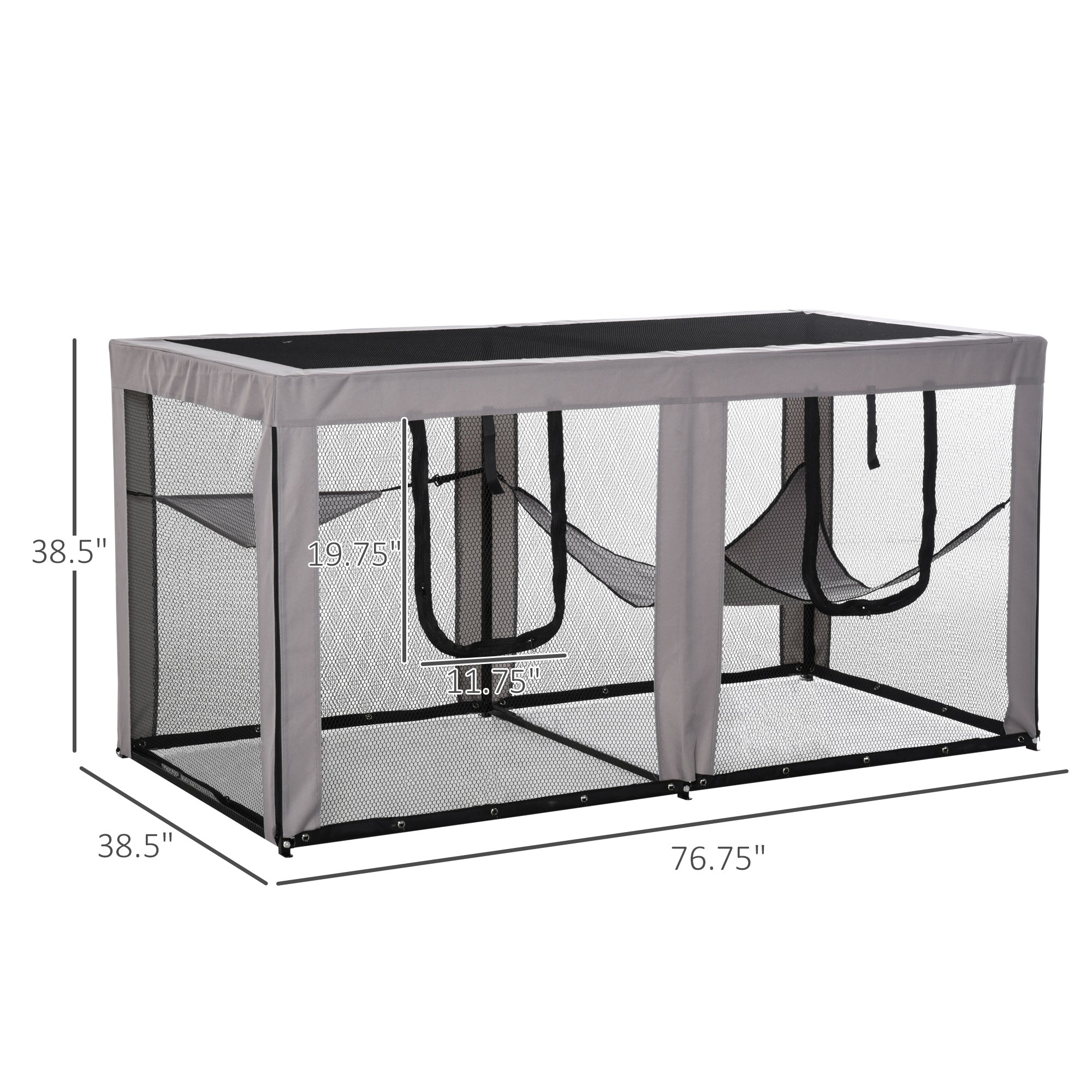 PawHut Large Mesh Cat House Kitty Indoor/Outdoor Playpen, Pet Cage with 2 Zipper Doors Soft Hammock Pet Bed, Black & Grey